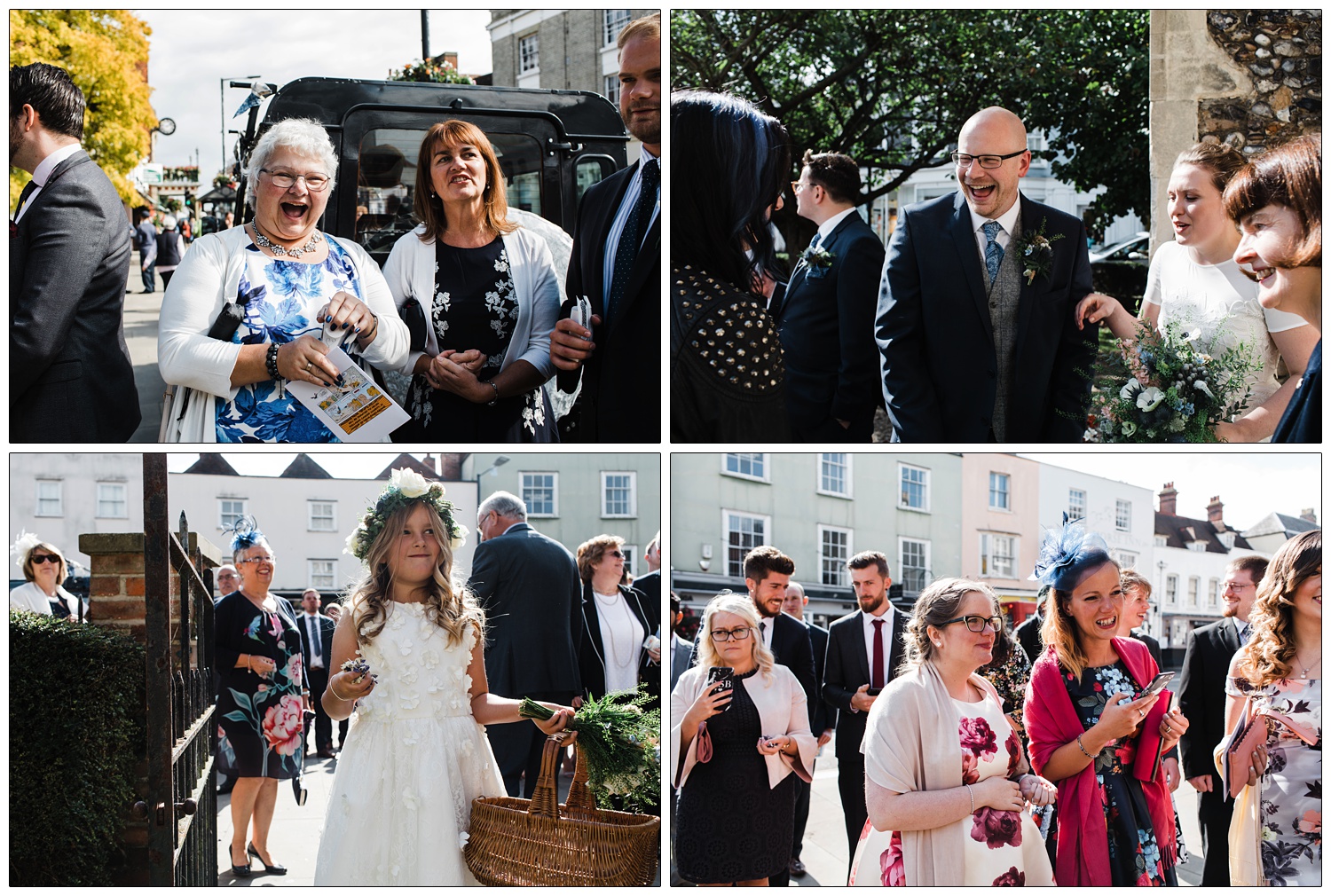 People laughing outside a church in Maldon in the sunshine, waiting to throw confetti.