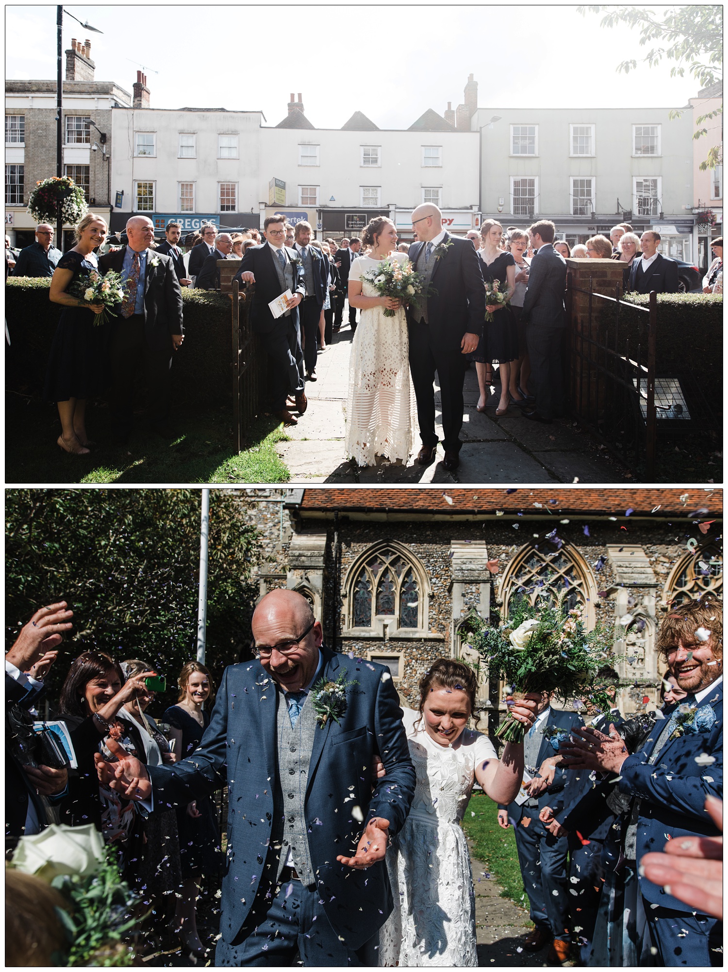 Bride and groom with their wedding guests are stood on the path outside St Peter's church in Maldon. There is a Greggs and a Wimpy behind them on the High Street.