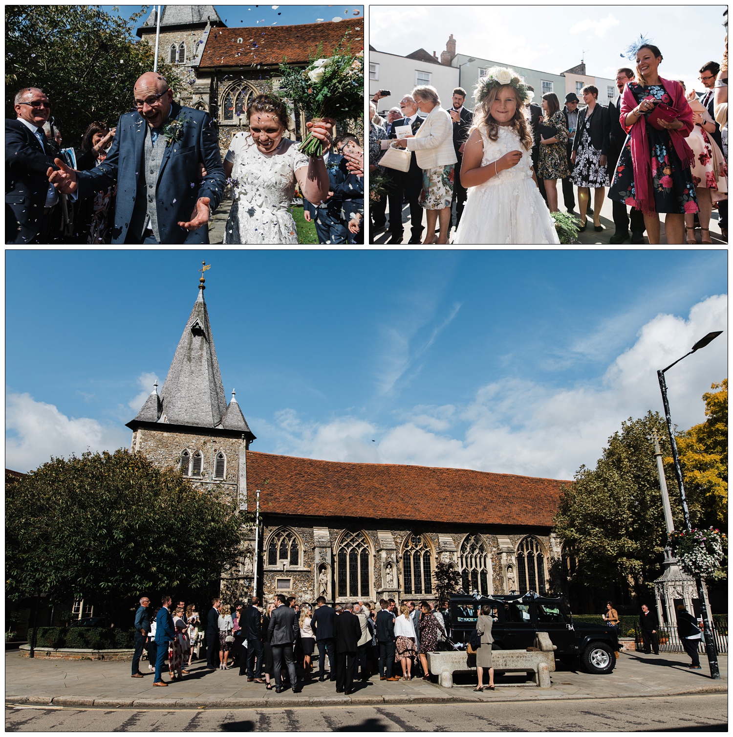 People gathering outside St Peter's Church in Maldon after a wedding.
