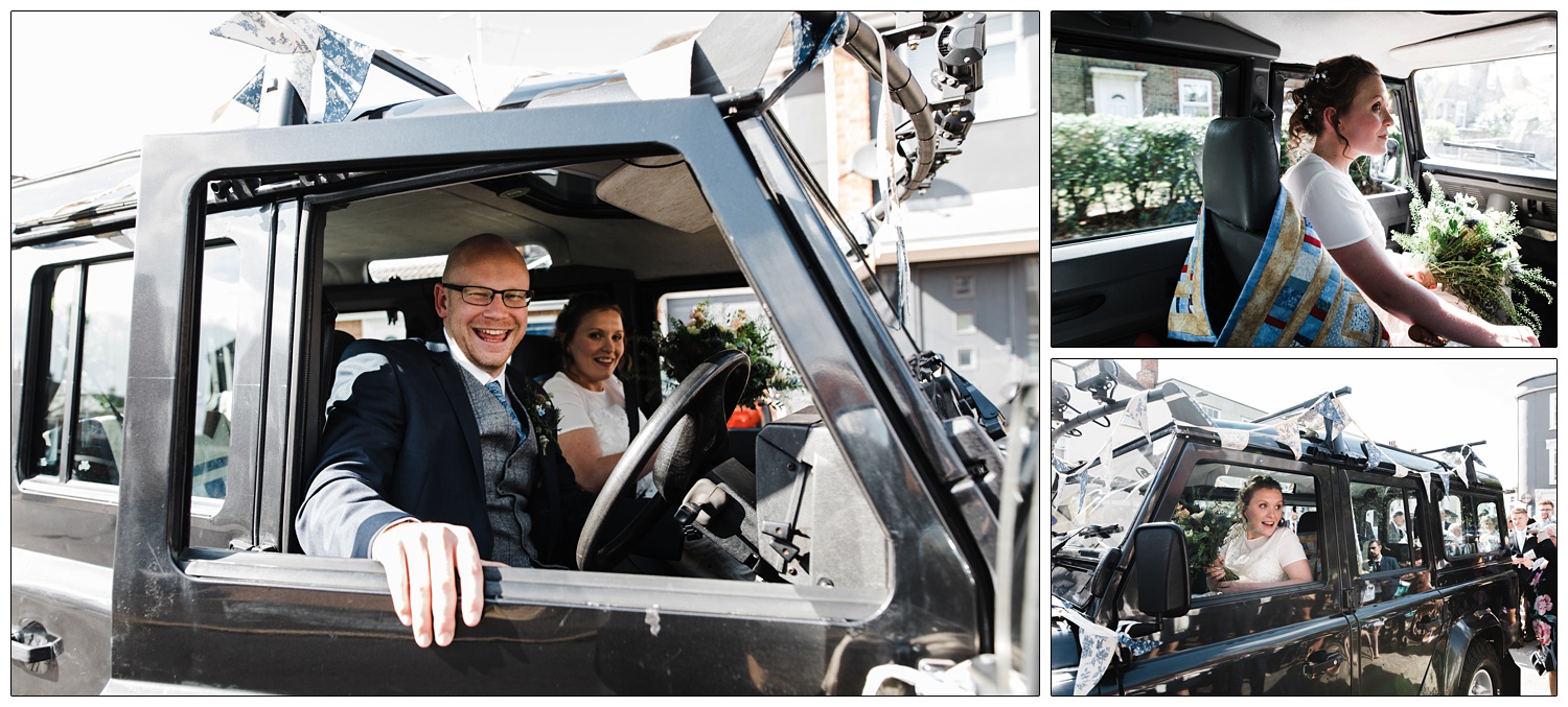 Bride and groom get into their Land Rover after wedding ceremony in Maldon.