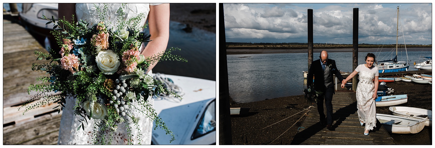 Bride and groom walk along the jetty next on the River Crouch.