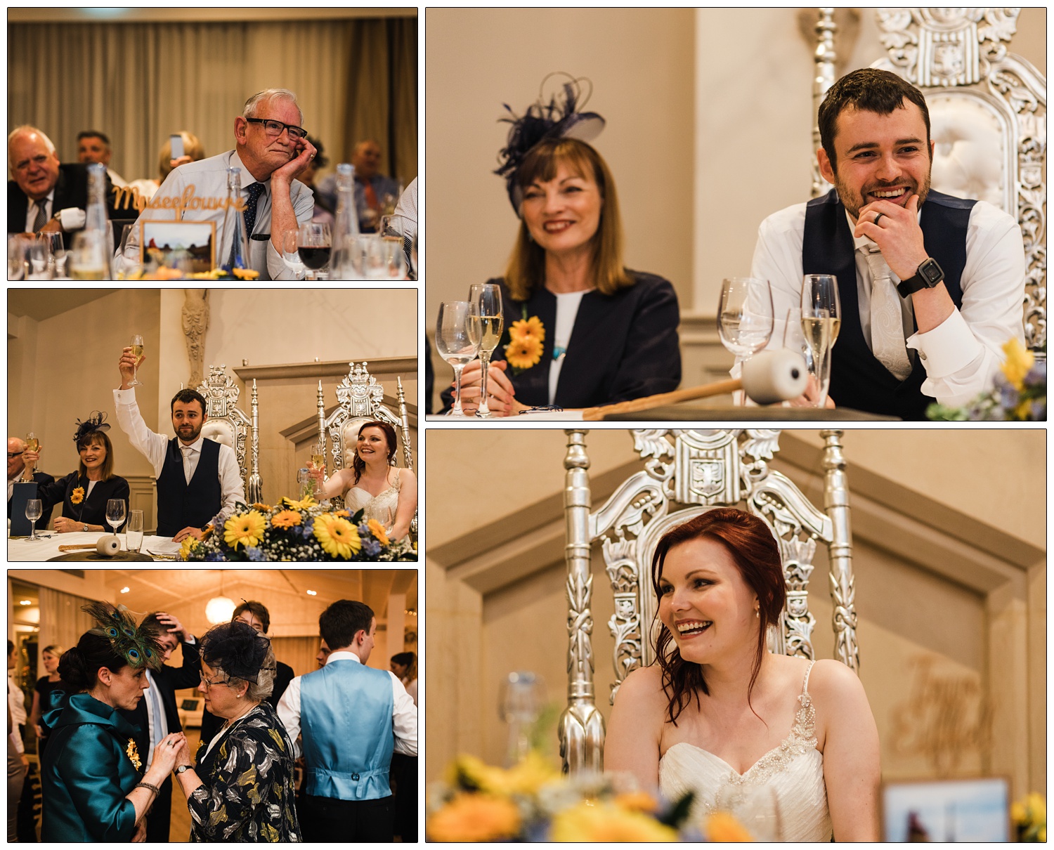 Bride and groom are laughing during wedding speeches. They are sat on ornate throne like silver chairs. The tables are decorated with yellow gerbera daisies.