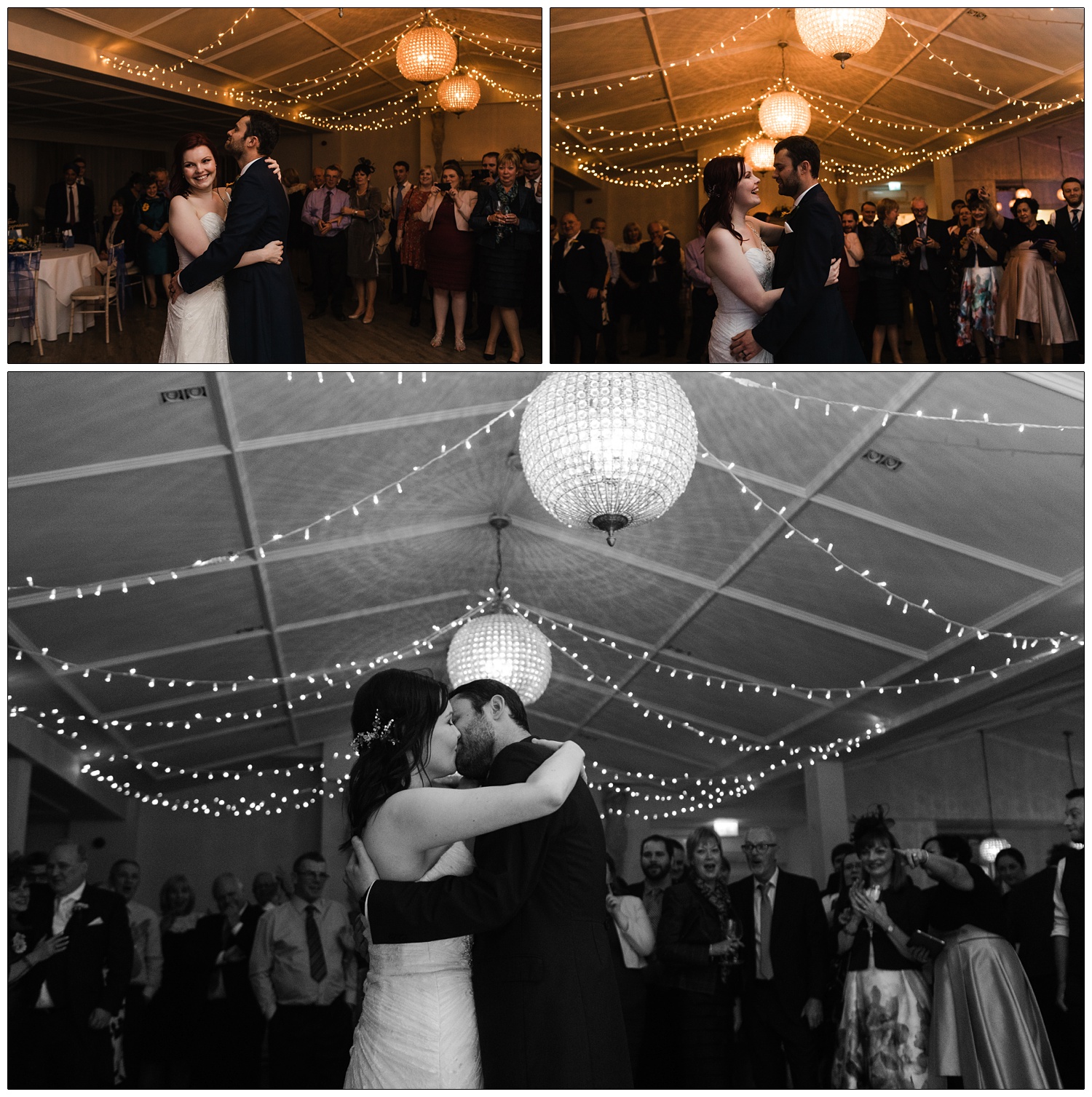 A man and woman have their first dance in the ballroom at the Manor by the Lake. there are fairy lights on the ceiling.