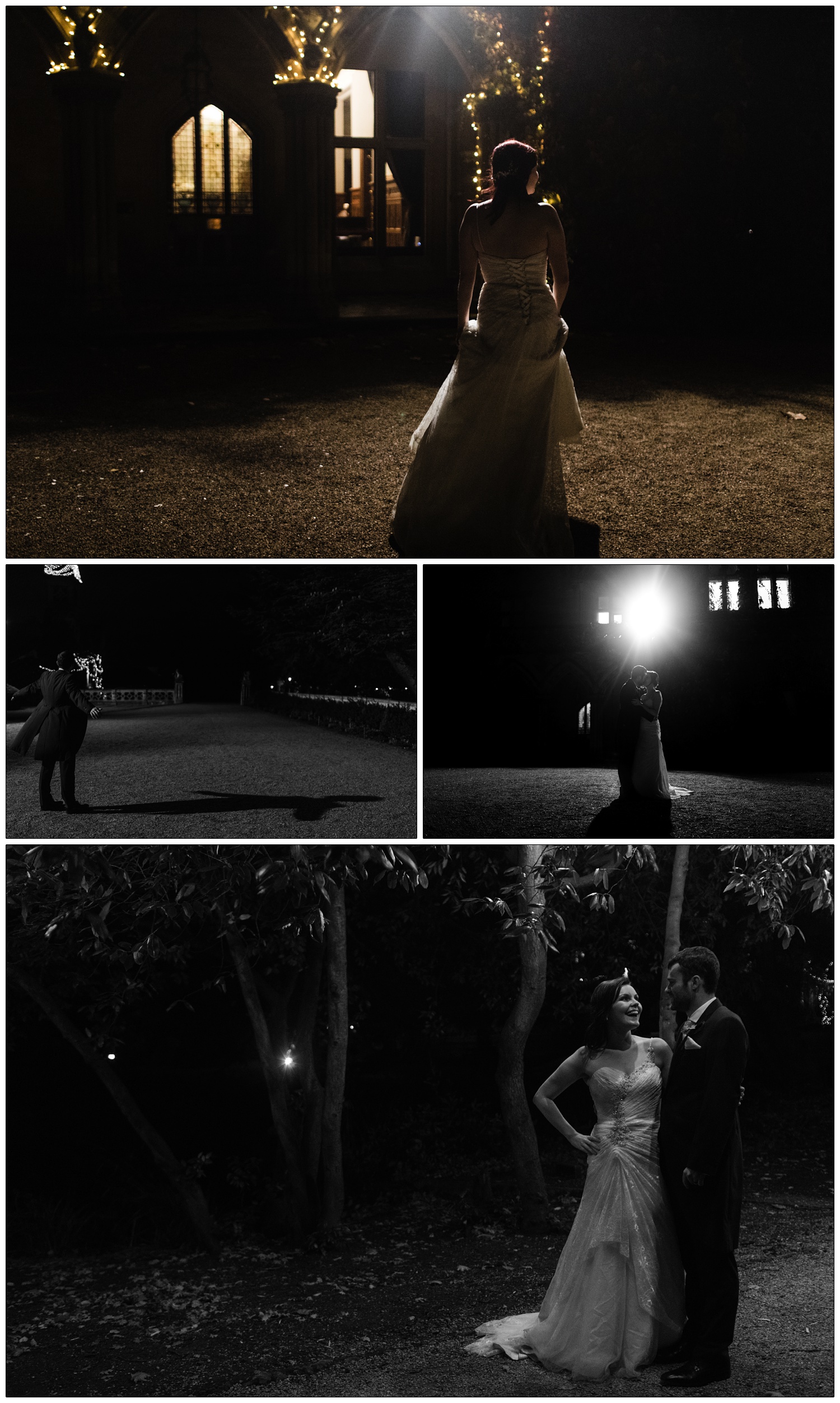 Bride and groom portraits outside at the Manor by the Lake venue. It's is night and they are illuminated by lights.