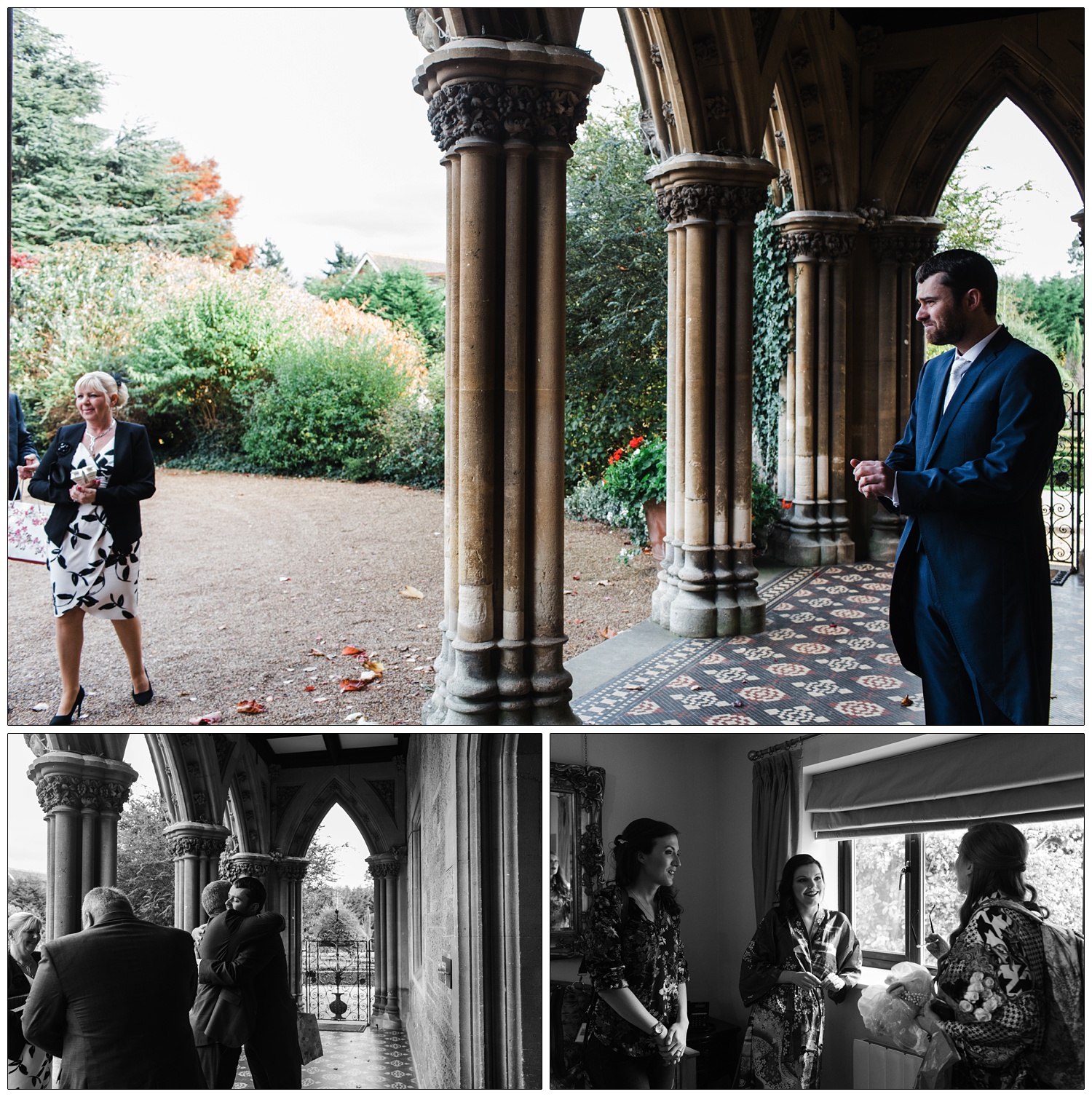 A groom under the arches at Manor by the Lake. He is wearing a dark blue suit and is watching people arrive for the wedding.