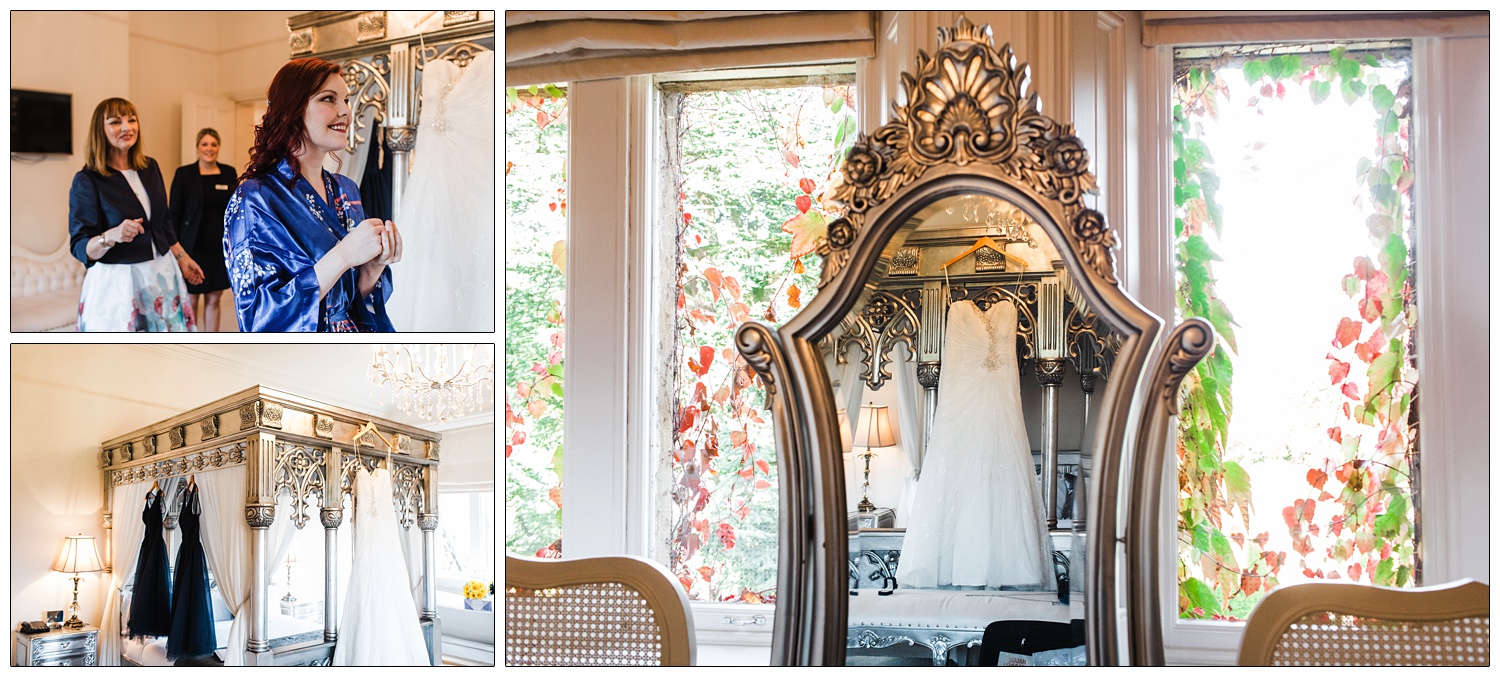 Reflection of a wedding dress in an ornate silver mirror. Outside the window you can see a climbing plant that is autumnal and red.