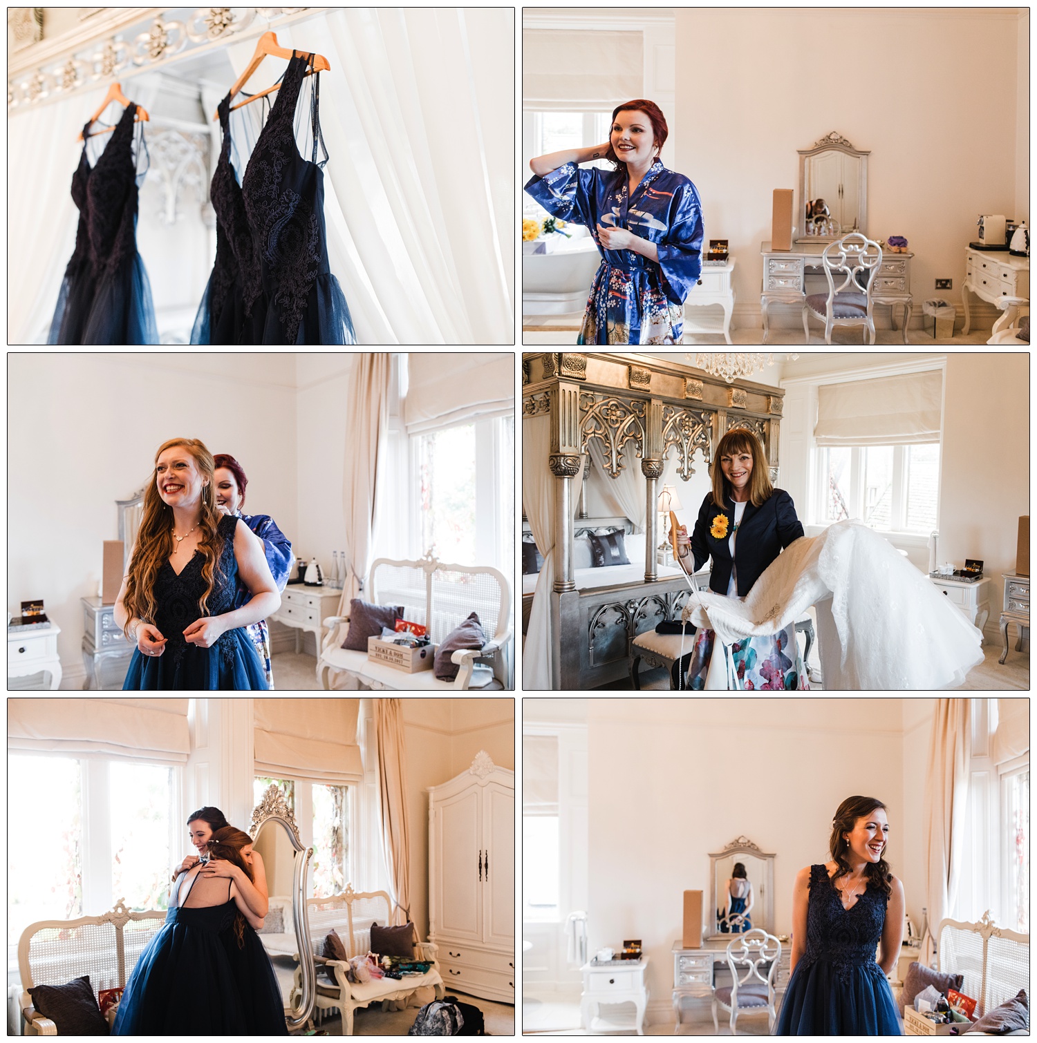 Bride and friends getting ready in the bedroom at Manor by the Lake. The dresses are navy blue and hanging from the ornate silver four poster bed.