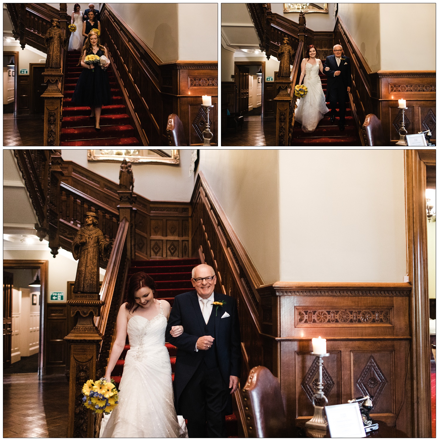 Woman in her wedding dress and her dad walking down the stairs at Manor by the Lake.
