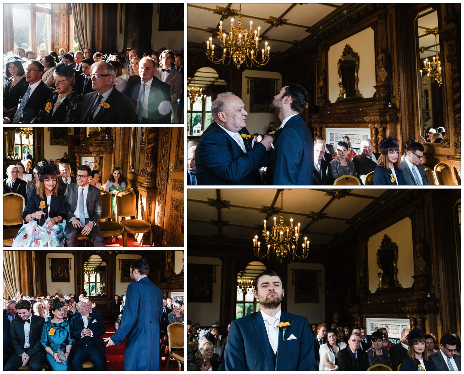 The groom having his buttonhole fixed by his father at Manor by the Lake in the ceremony room.