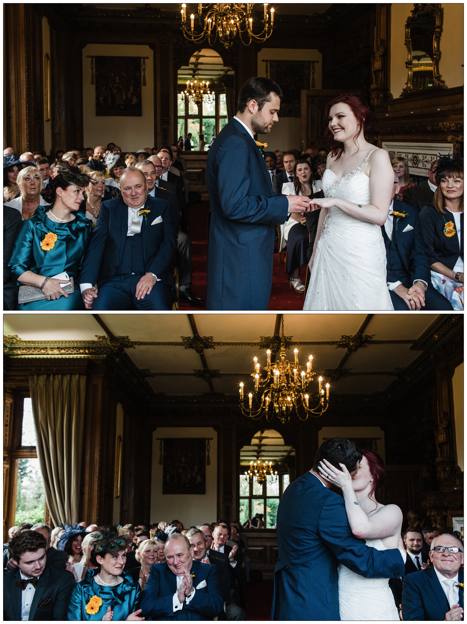 A man in a blue suit puts the ring on the finger of a woman with red hair in a white dress. Then they kiss. They are getting married in the Maximilian room at Manor by the Lake.