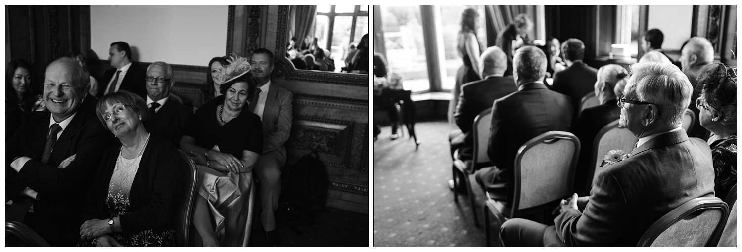Candid black and white photographs of wedding guests seated for ceremony in the Maximilian room.