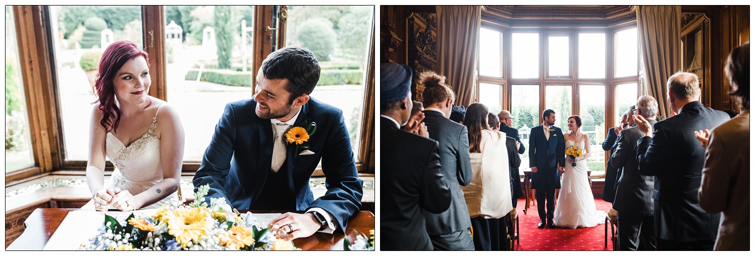 Man and woman signing the registry during wedding.