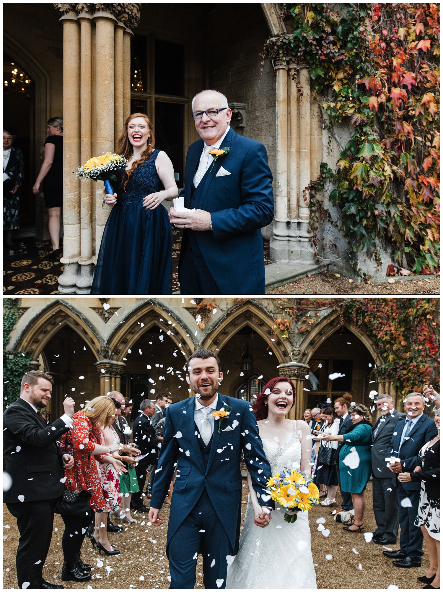 Bride and groom laughing walk past their wedding guests who are throwing confetti at them. The arches of Manor by the Lake covered in autumn leaves in the background.