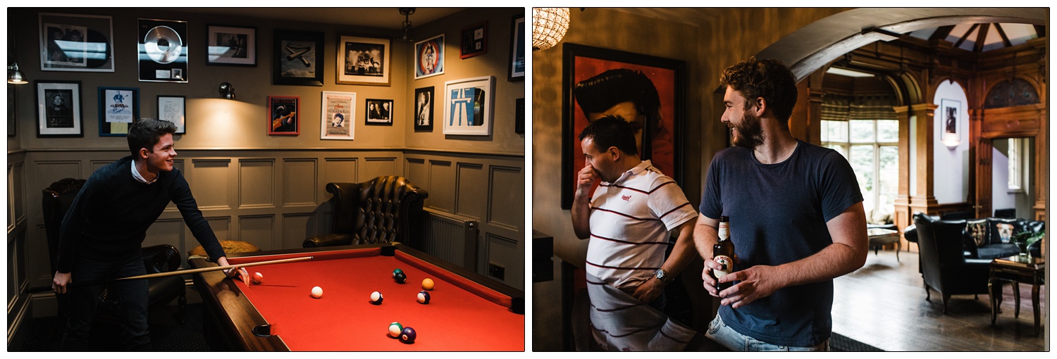 Men in the Rock room playing on a red pool table at Manor by the Lake.