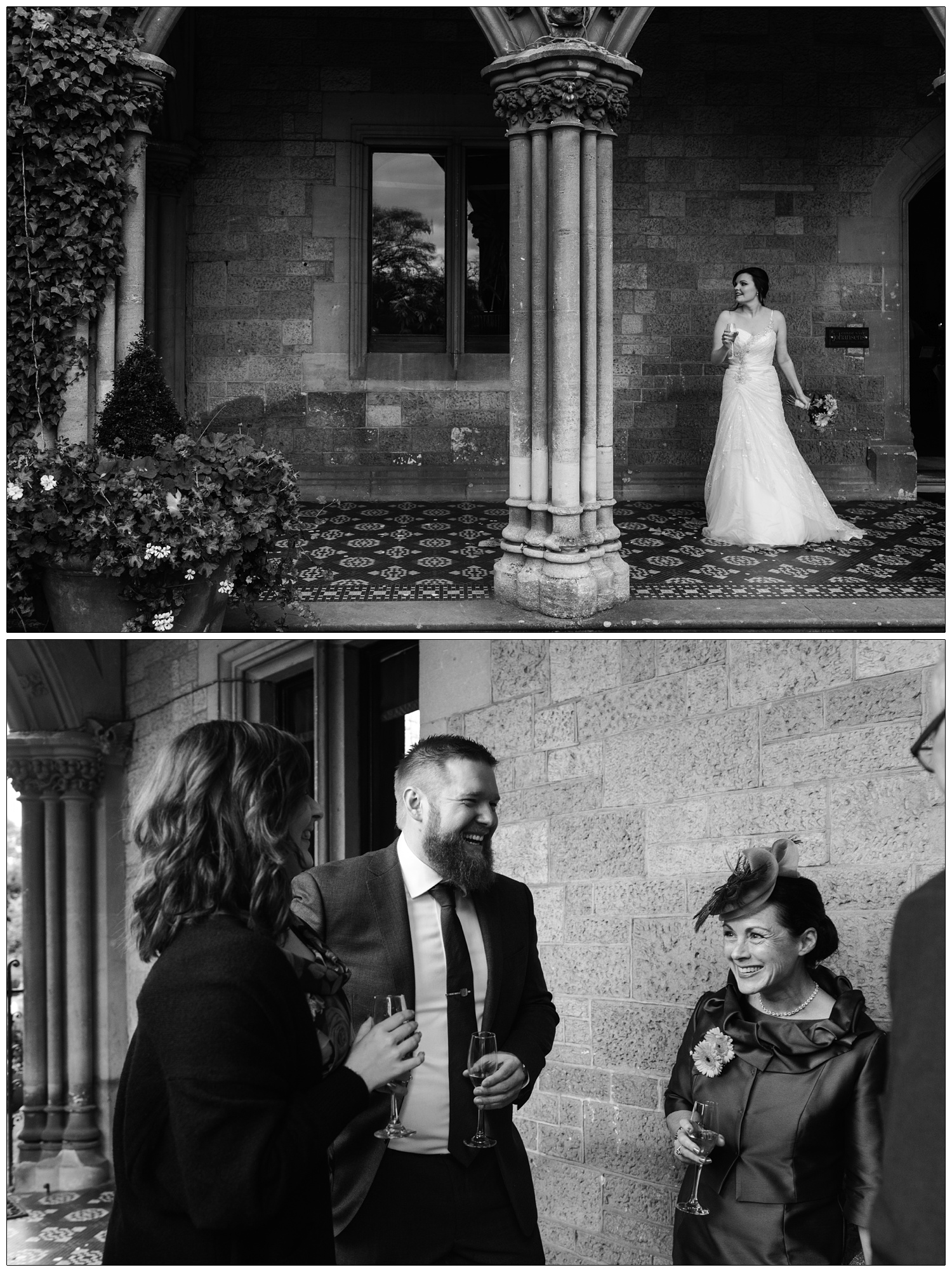 Bride and wedding guests by the arches of Manor by the Lake.