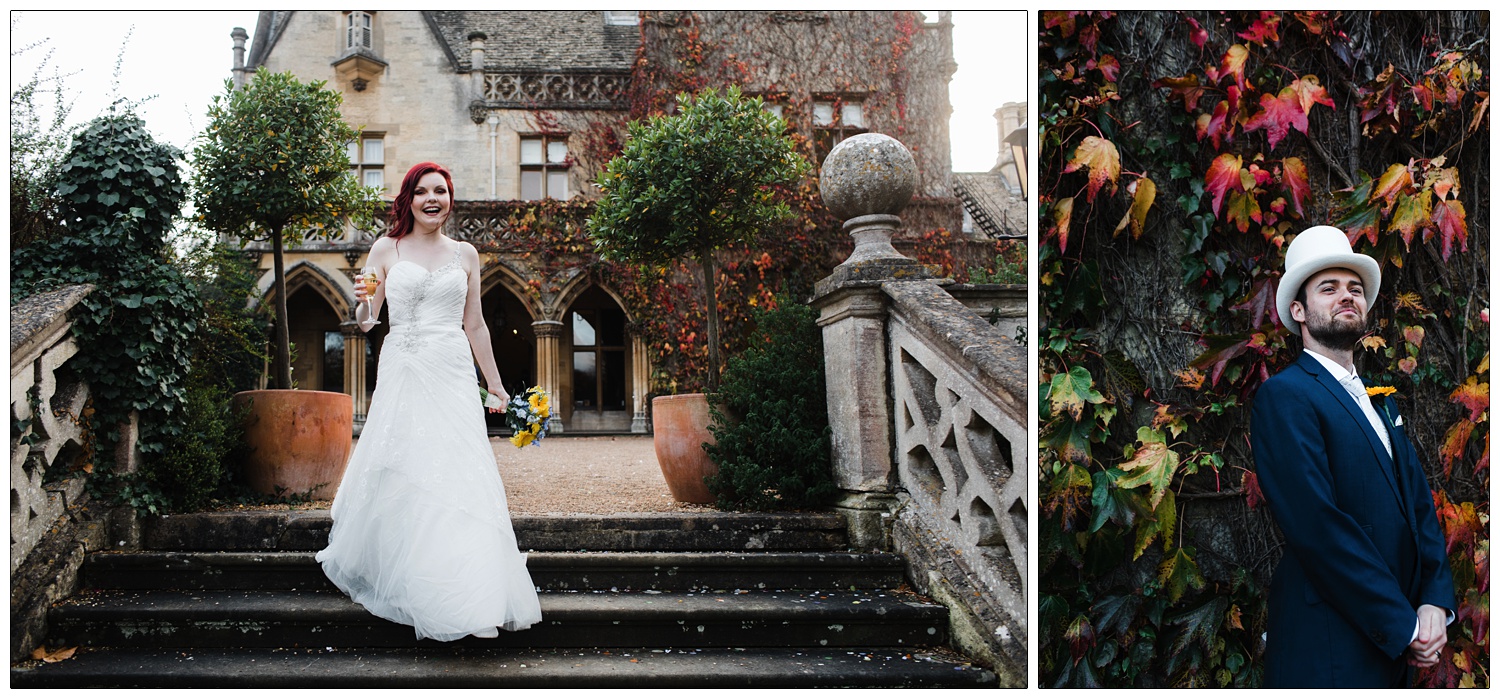 Bride on the stairs with a glass of wine outside the Manor by the Lake. Groom is in a white top hat and dark blue suit. He is posing in a joking way in front of a walk of autumnal coloured leaves.