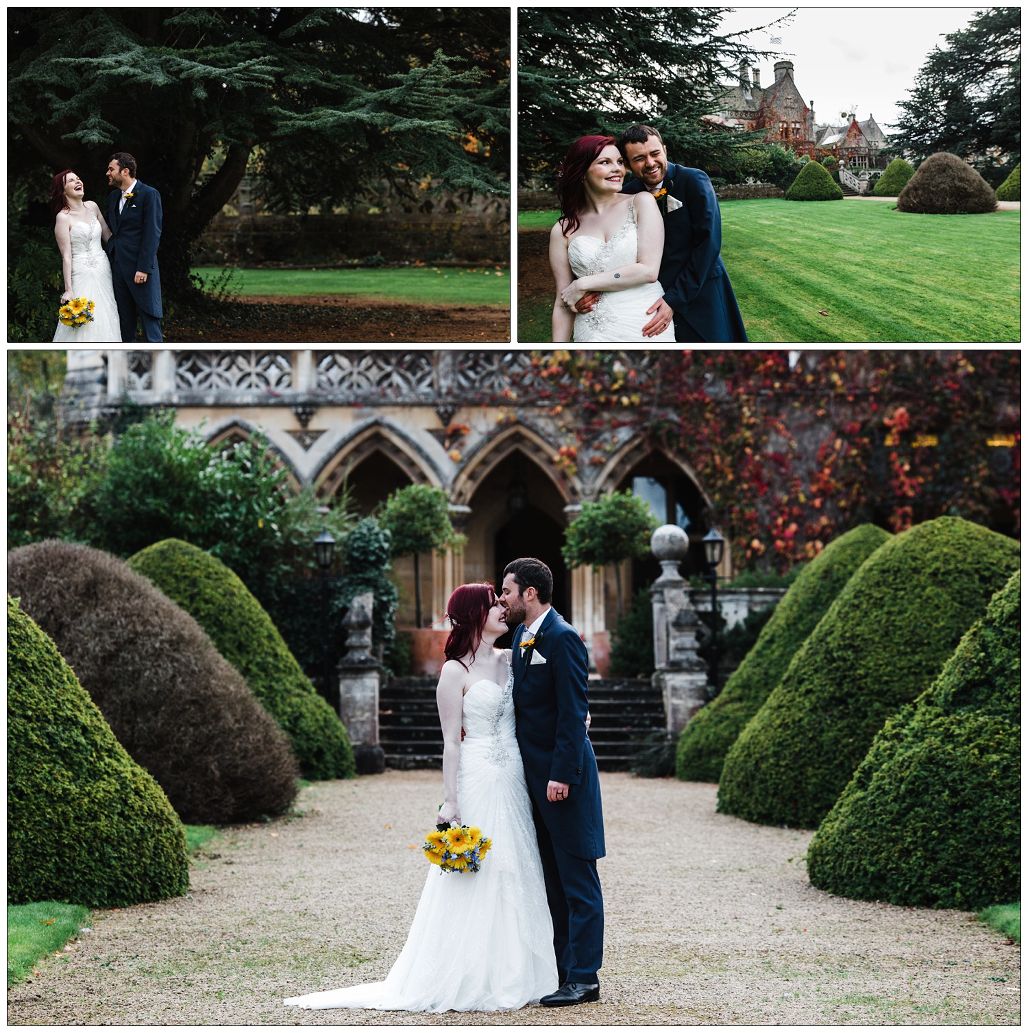 Bride and groom having relaxed and fun wedding portraits in the grounds of Manor by the Lake.