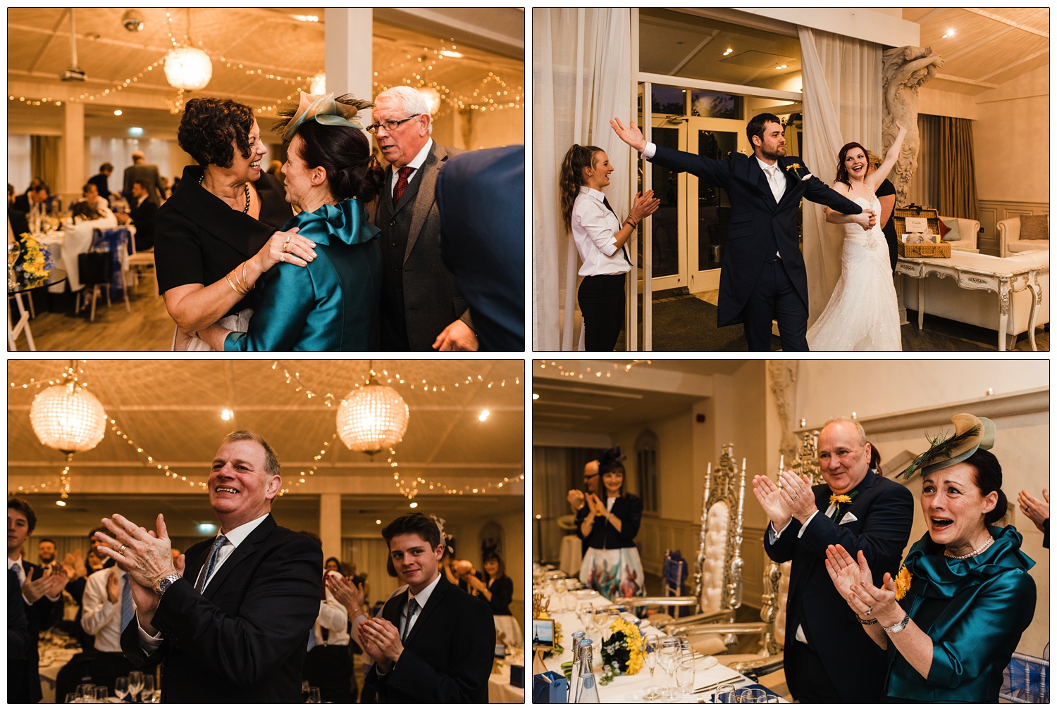 The bride and groom enter the ballroom and the guests all clap.