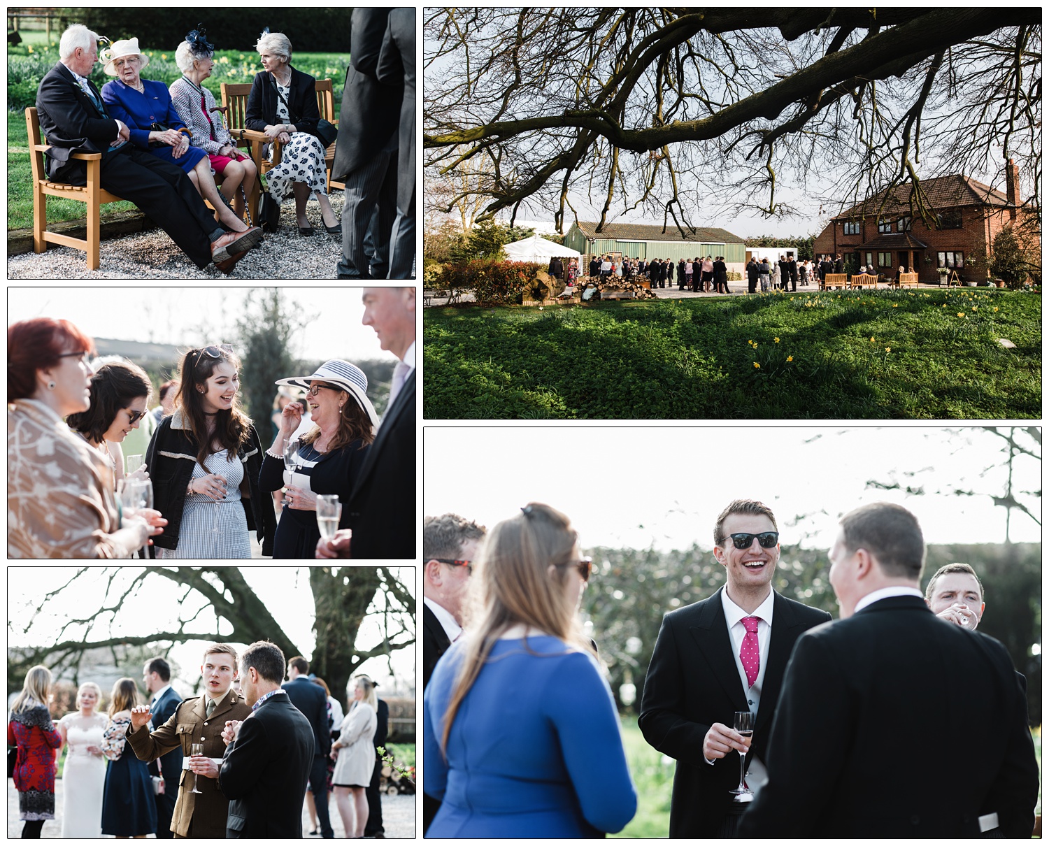 a few from under a tree of the house and wedding party mingling.