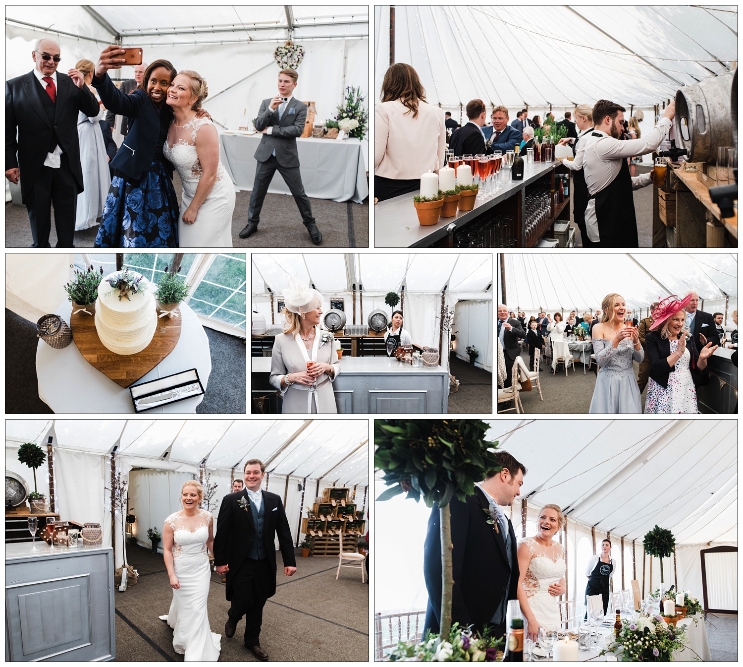 Woman in a blue floral dress takes a selfie with the bride. Barman pours a beer. The couple enter the marquee for dinner.