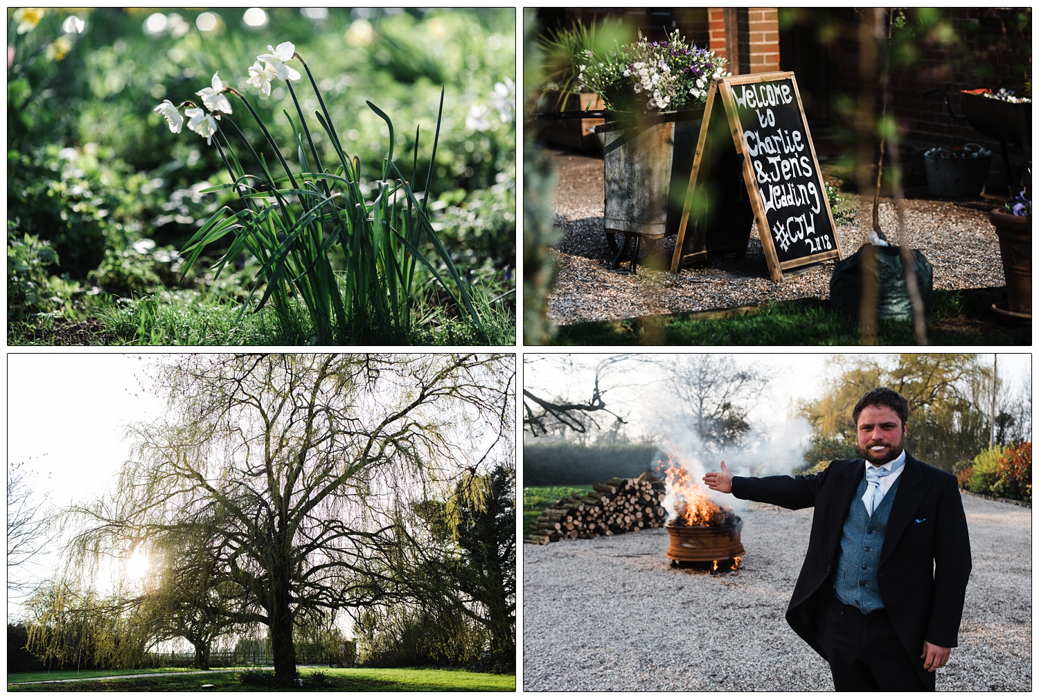 Groomsman wearing fake teeth showing you a fire pit. Daffodils in the garden.