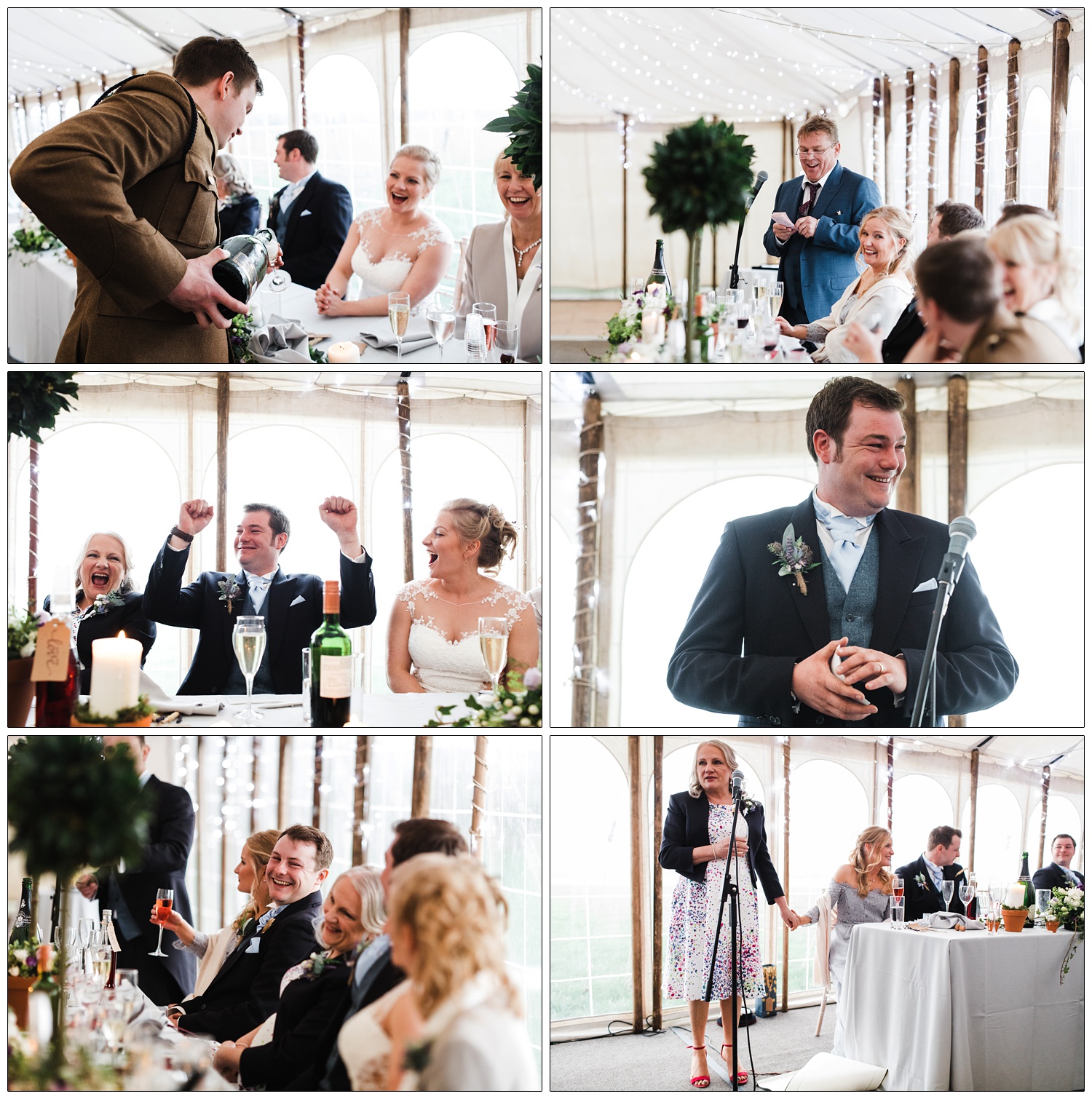 Brother of the bride pouring champagne out for the toasts. The groom and bride's mother giving speeches.