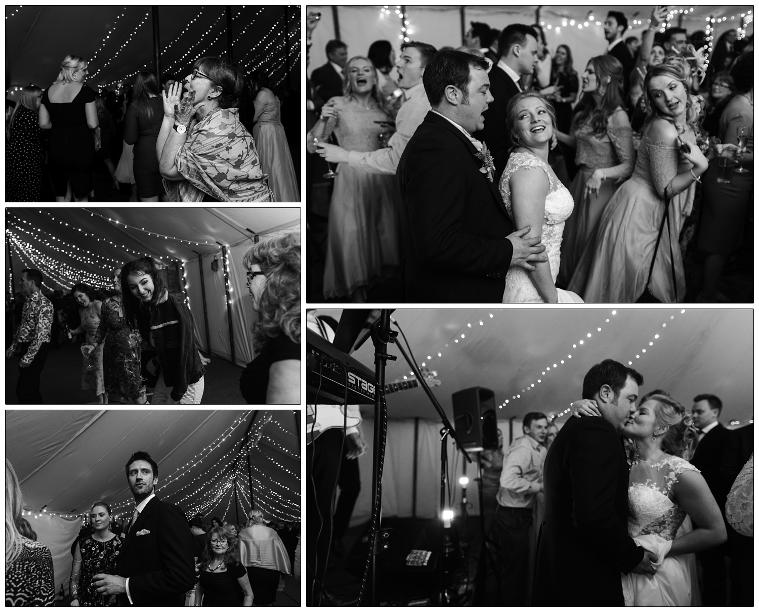 Black and white photographs of a wedding reception. The bride and groom are dancing together surrounded by friends.