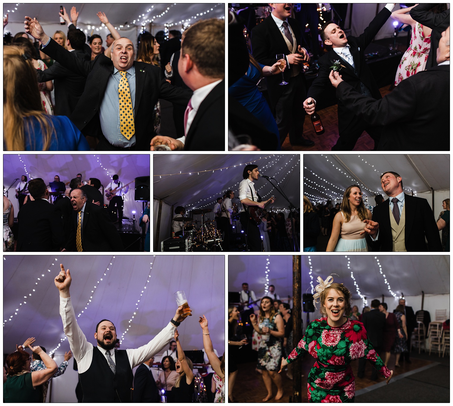 A busy dance floor at a wedding in Essex. Men with their arms in the air.