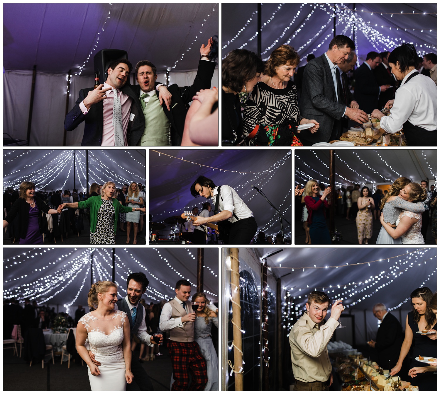 A marquee decorated in fairy lights and purple lights for a wedding reception. People dancing and being served cheese.