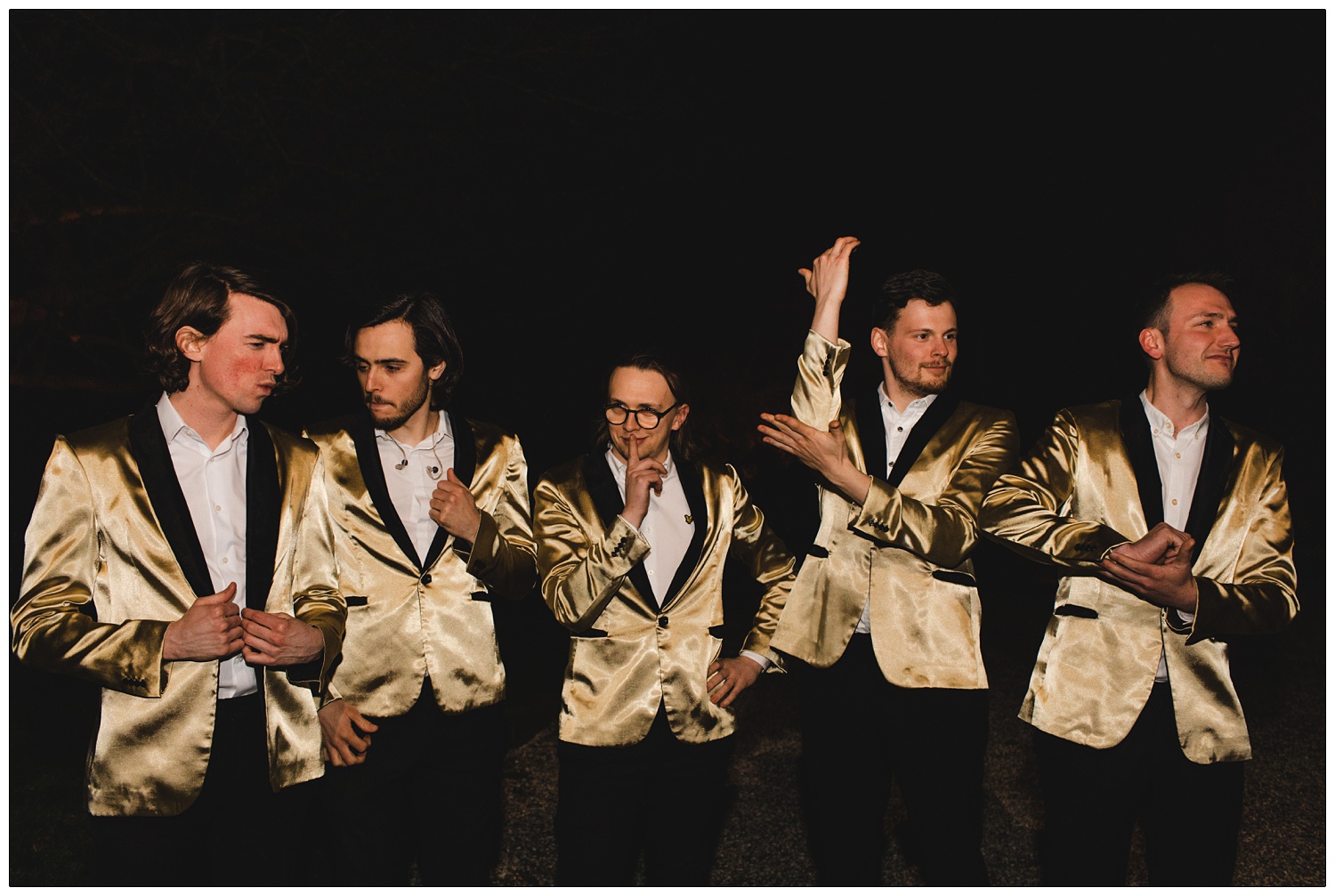 Winston and the Lads posing badly on purpose in golden jackets!