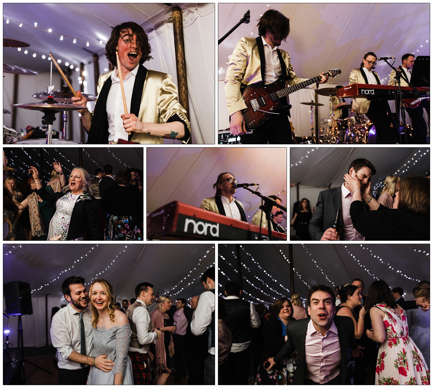 Winston and the Lads playing a wedding reception. Will the drummer is looking at the camera. People are dancing.