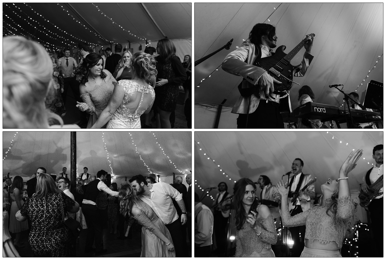 Bride and bridesmaids dancing in candid wedding reception photographs