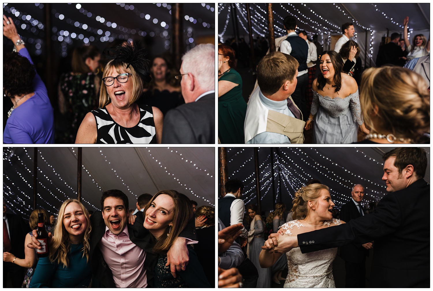 people dancing in a marquee decorated with fairy lights.