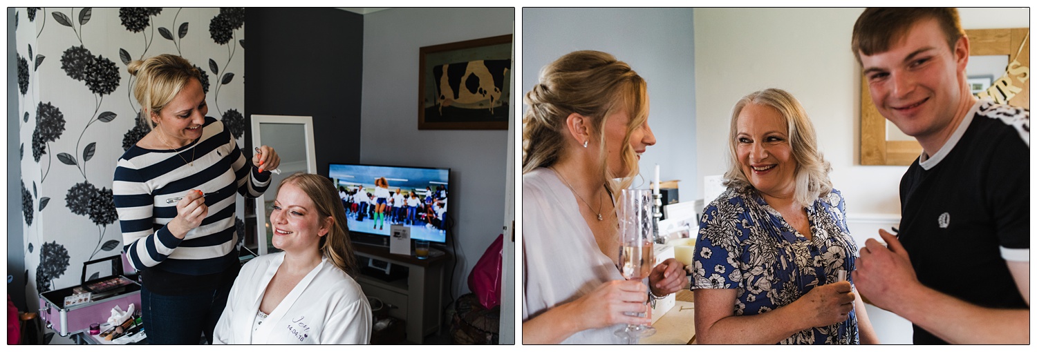 Bride getting ready in her living room, the tv is on.