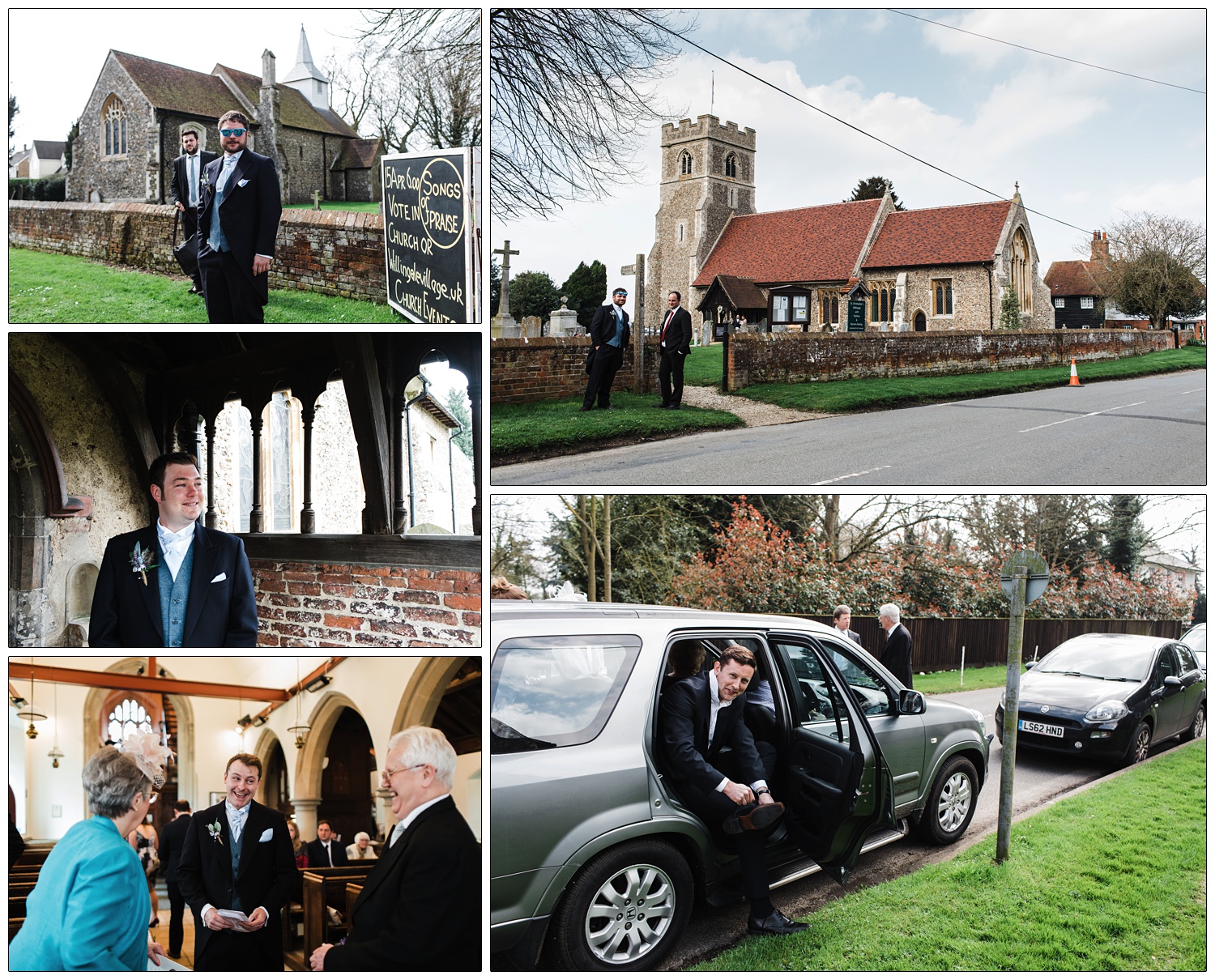 Man sitting in back of car to do up his shoes before wedding. St Andrew's and St Christopher's churches in Willingale that share a graveyard.