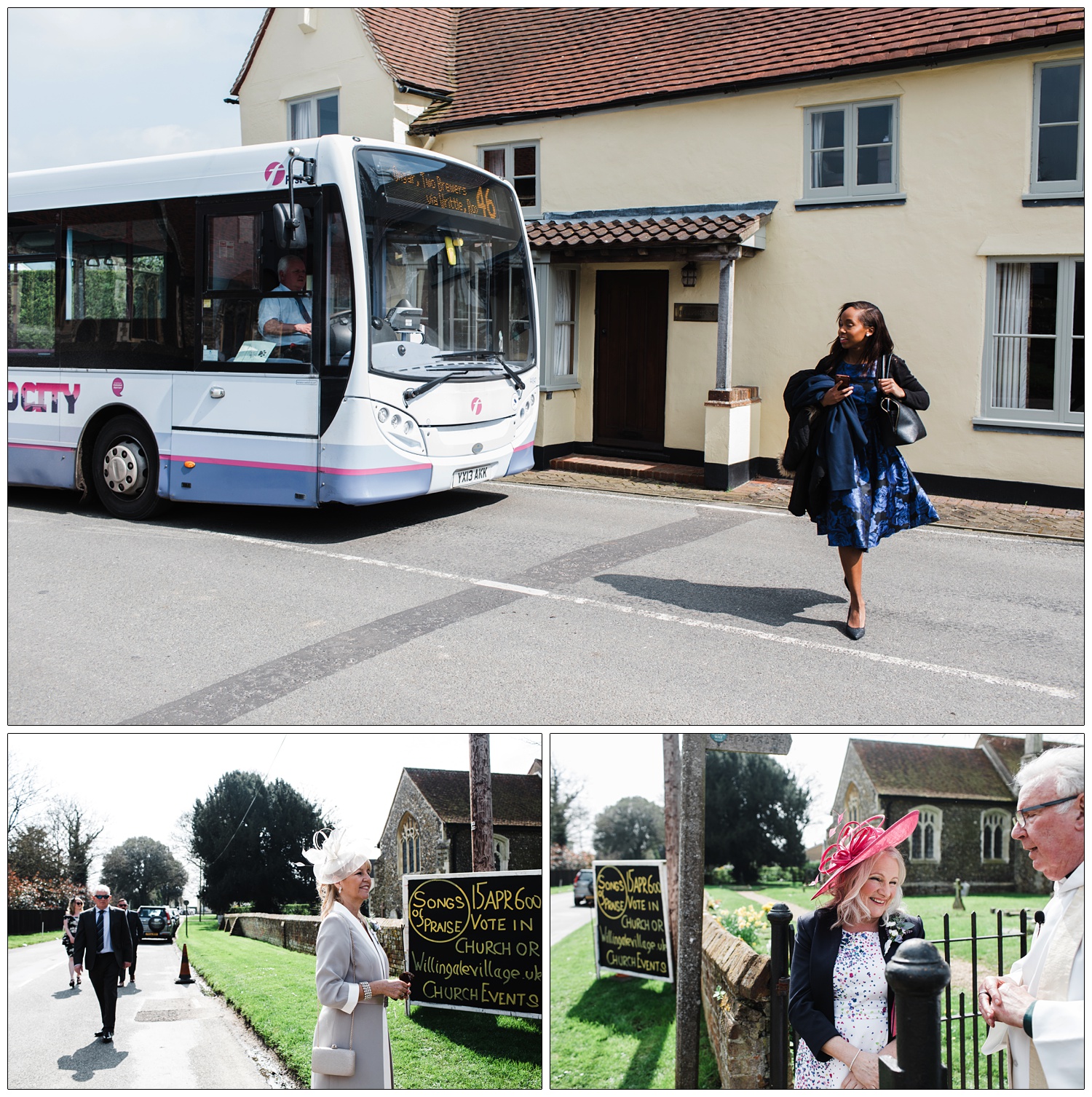 Woman in blue and black floral dress is crossing the road in Willingale. She's just gotten off the number 46 bus from Chelmsford.