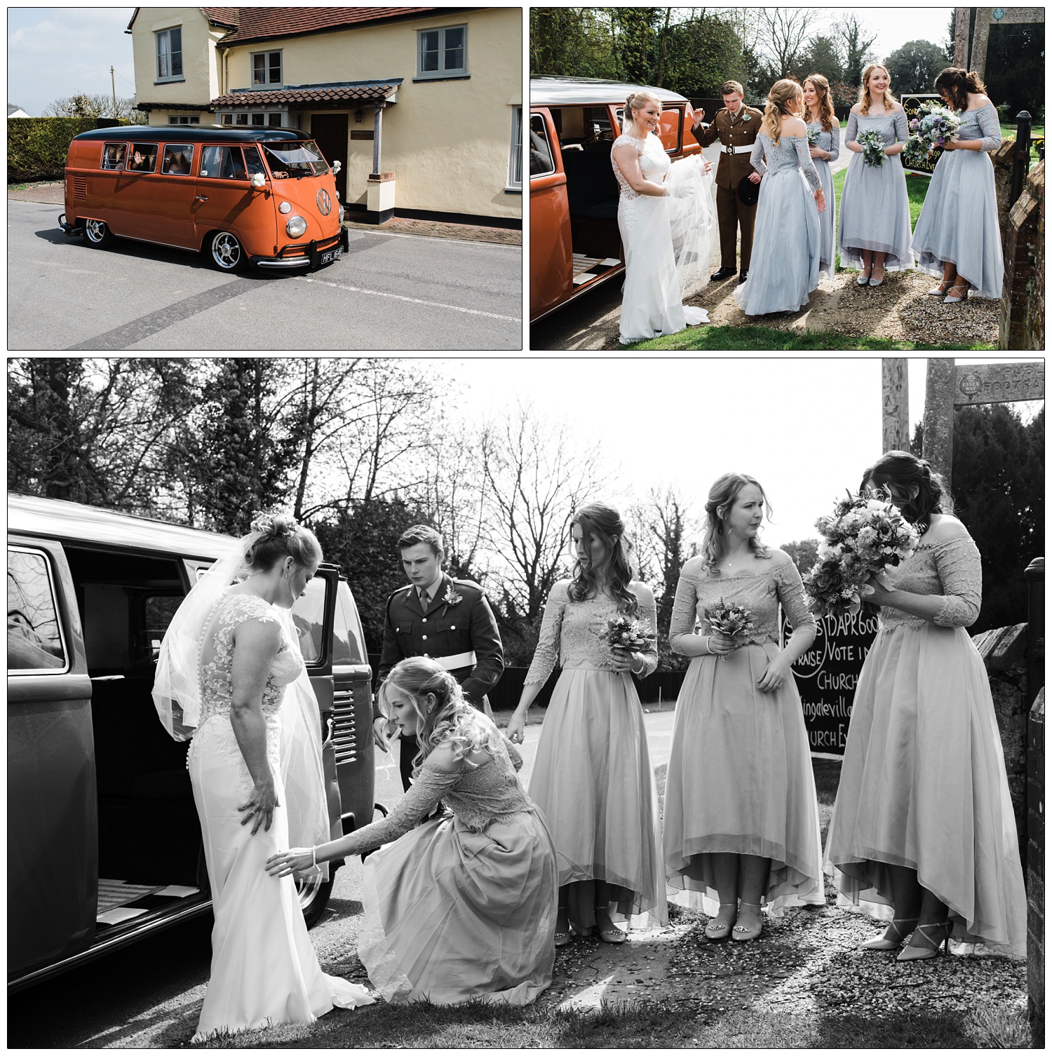 Bridesmaids helping bride with her dress after arriving in a burnt orange VW.