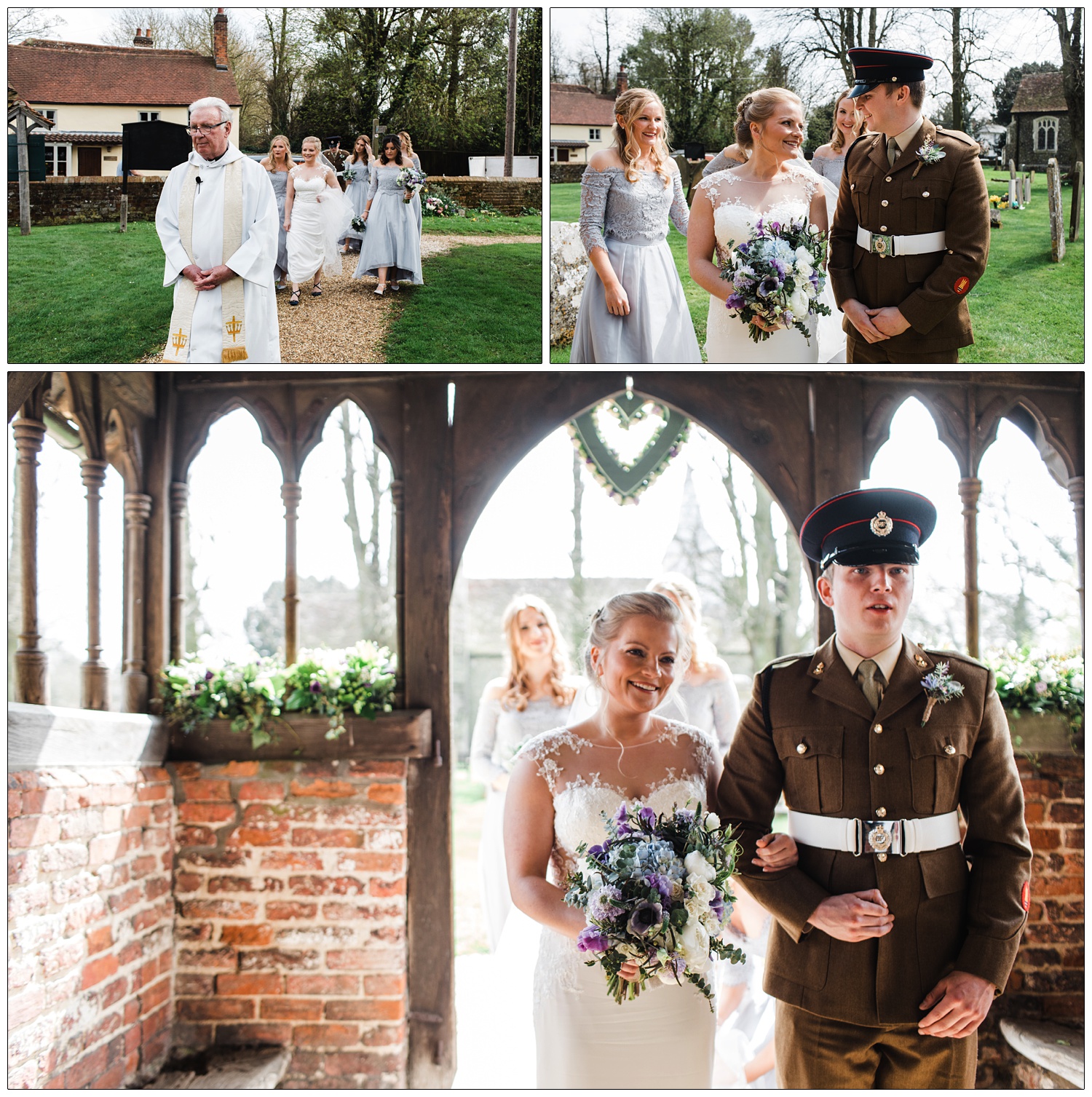 Bride with her brother in uniform. They are stood at the entrance of the church before the wedding.