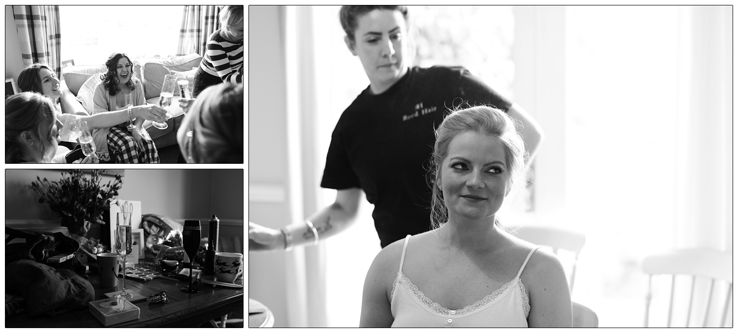 Bridesmaids in pyjamas drinking fizz and toasting