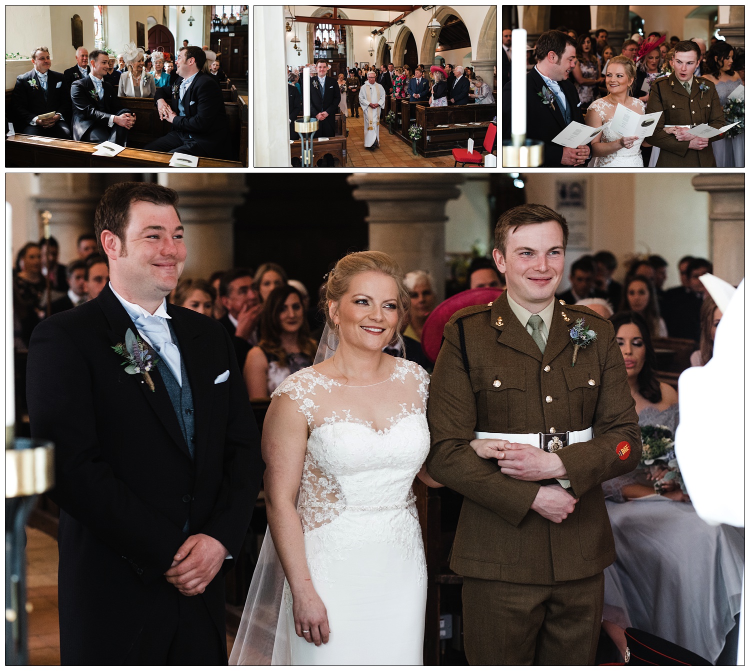 Woman in wedding dress stood next to her brother in uniform and her groom.