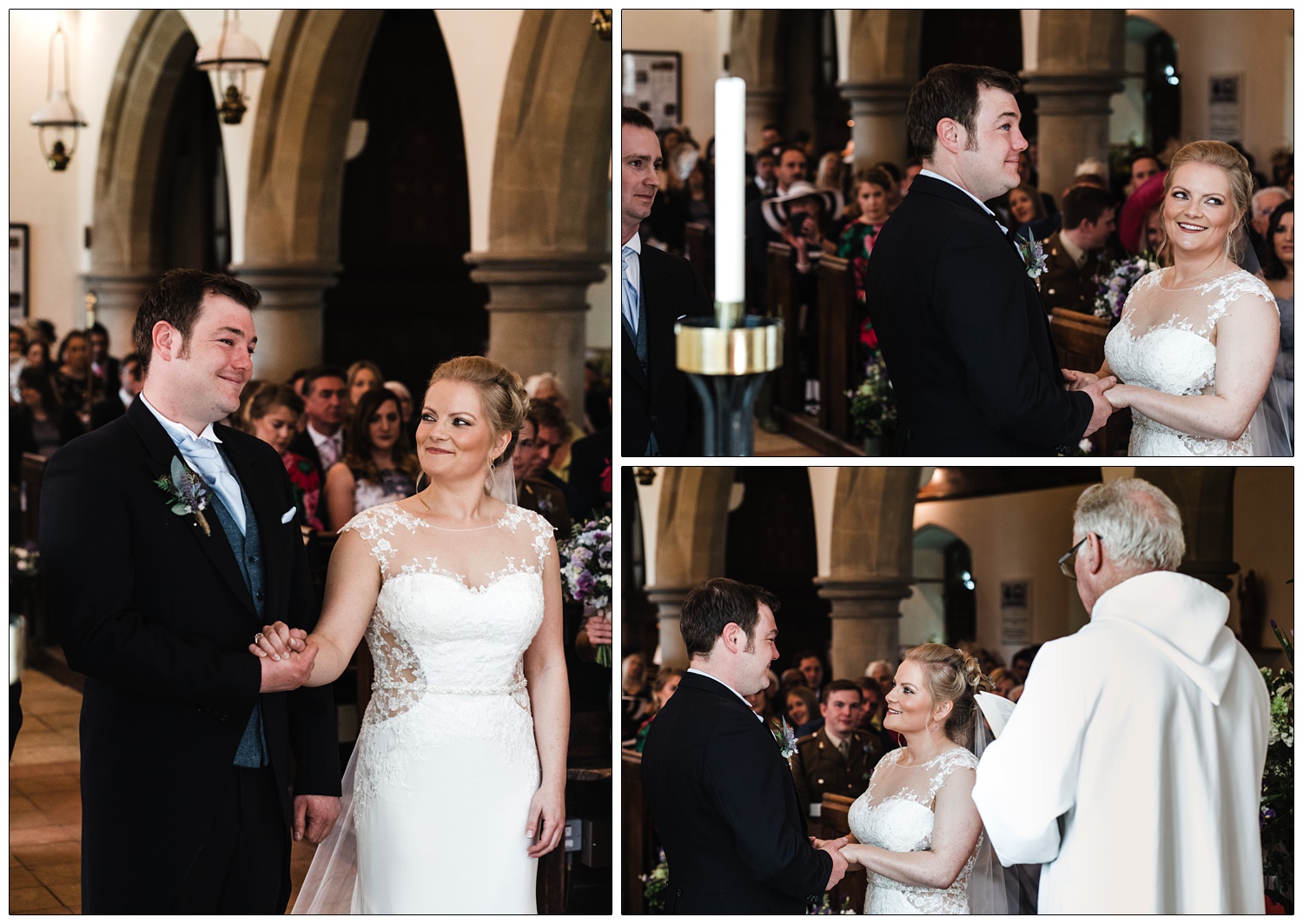 Very happy bride and groom taking their vows. They are in the St Christopher's Church in Willingale near Chelmsford.