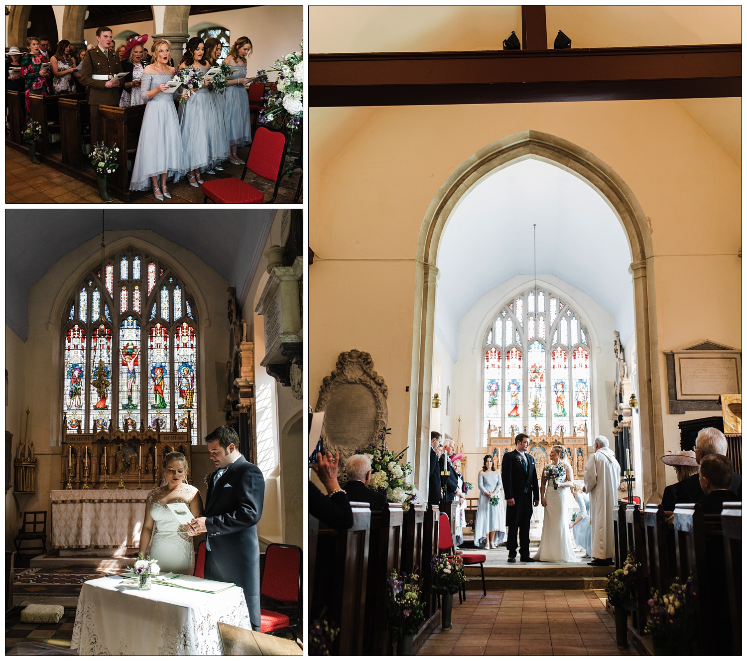 Inside the St Christopher's Church in Willingale during the wedding ceremony. Behind the couple is the east window of the chancel, a stained glass window made in approx. 1878 by the firm Saunders and Co.