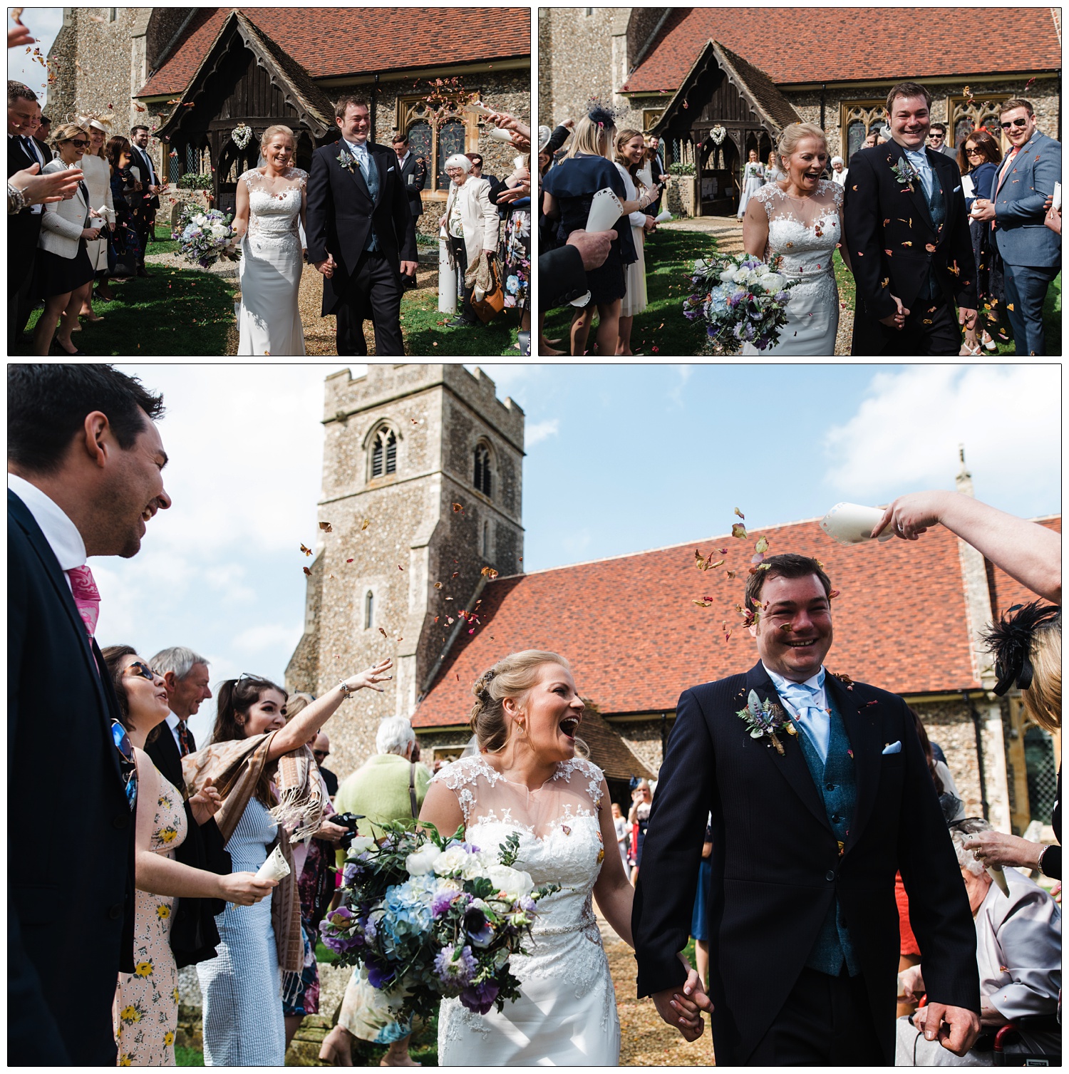 Bride and groom leave St Christopher's Church in Willingale near Chelmsford. People throw confetti at them.