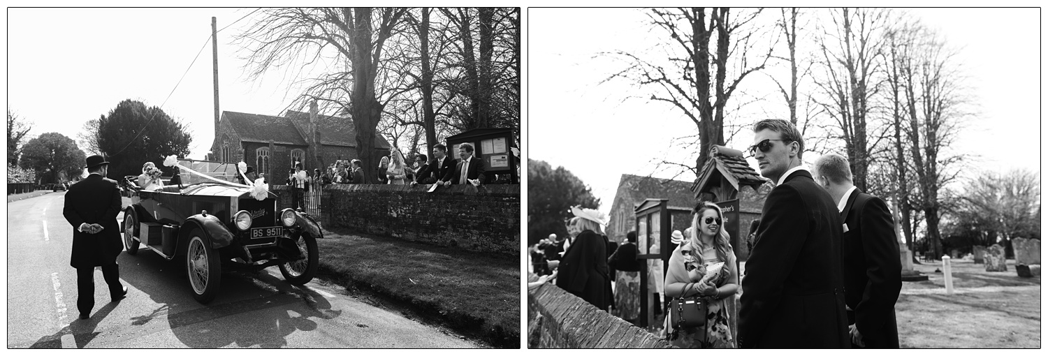 Bride and groom leave the church in Willingale near Chelmsford. They are in a 1923 Stanley steam car.