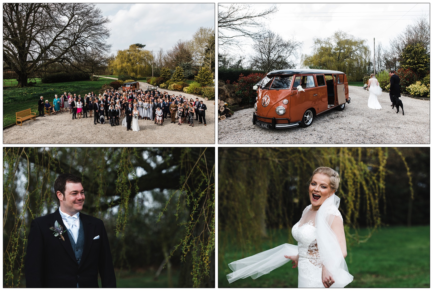 A burnt orange VW Camper van. A picture from above of everyone at the wedding