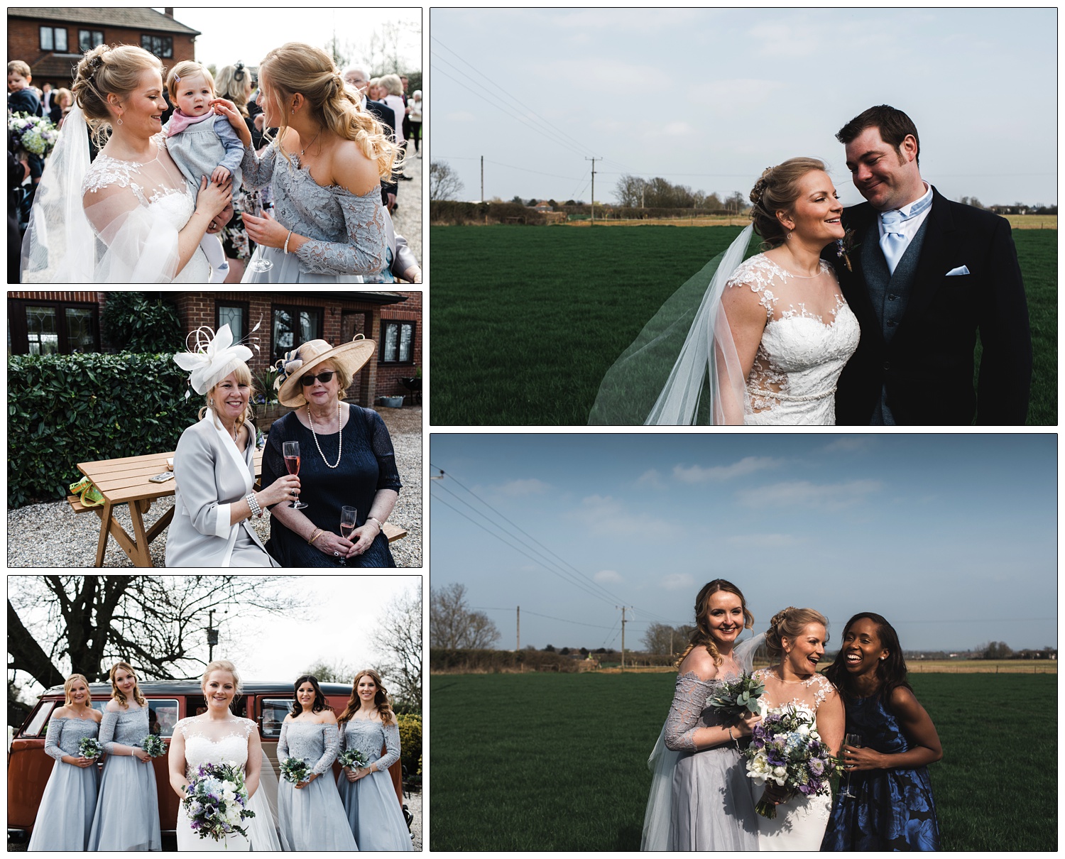 The bride and groom. Bride and friends. Bride and bridesmaids in front of a camper van.