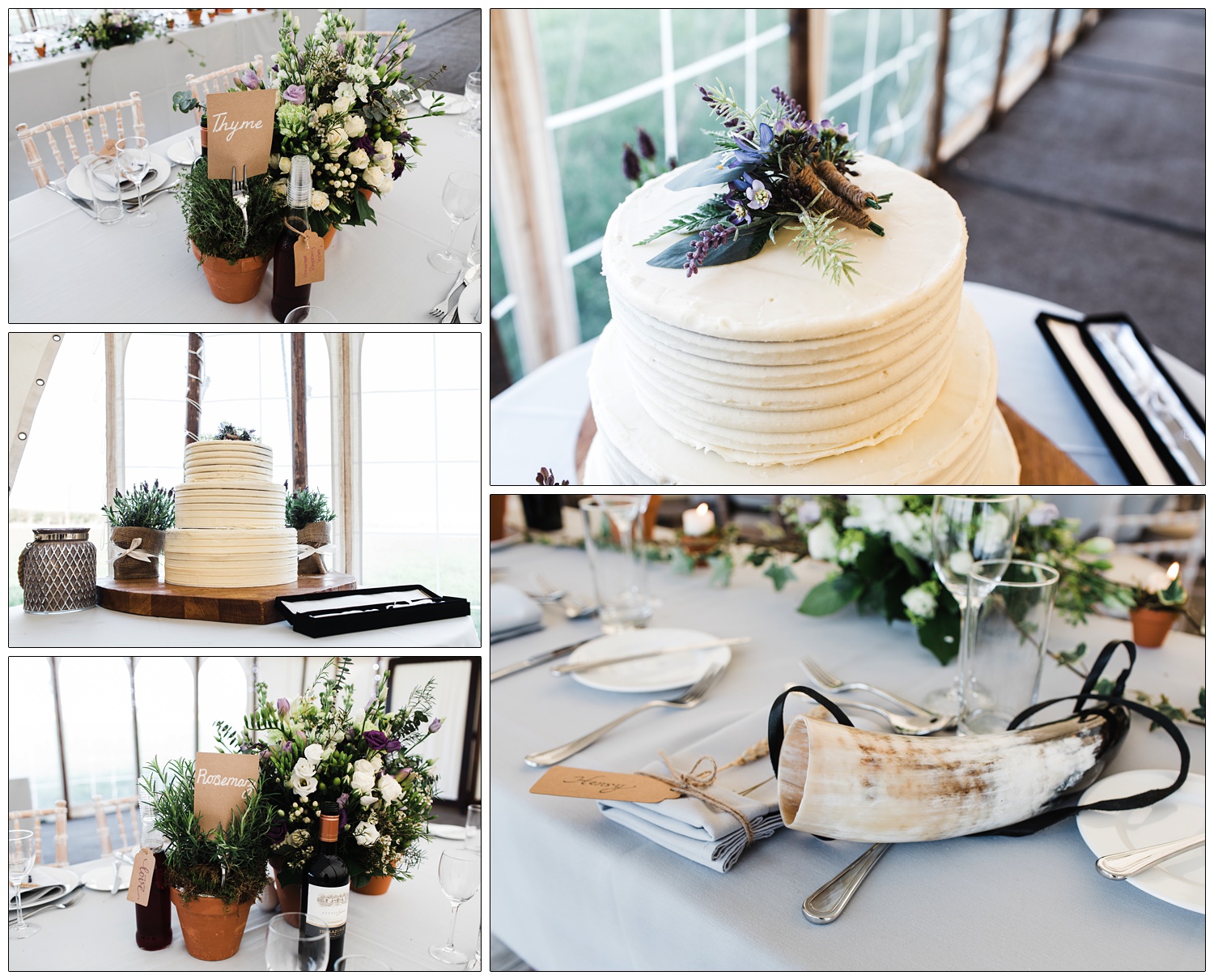 A wedding cake. Thyme and rosemary plants on the tables.