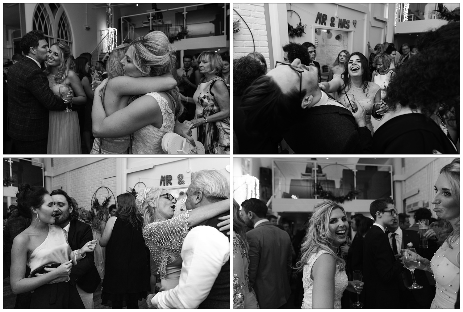 Candid black and white photographs from a wedding reception at the Old Parish Rooms in Rayleigh.