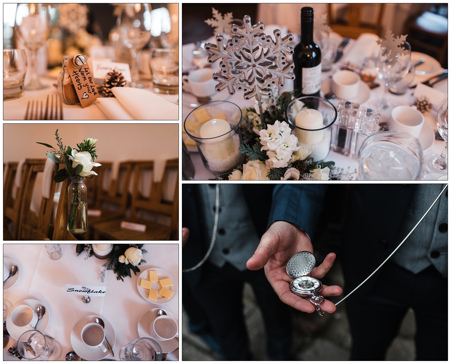 Winter themes wedding details on tables. Snowflakes and pine cones.