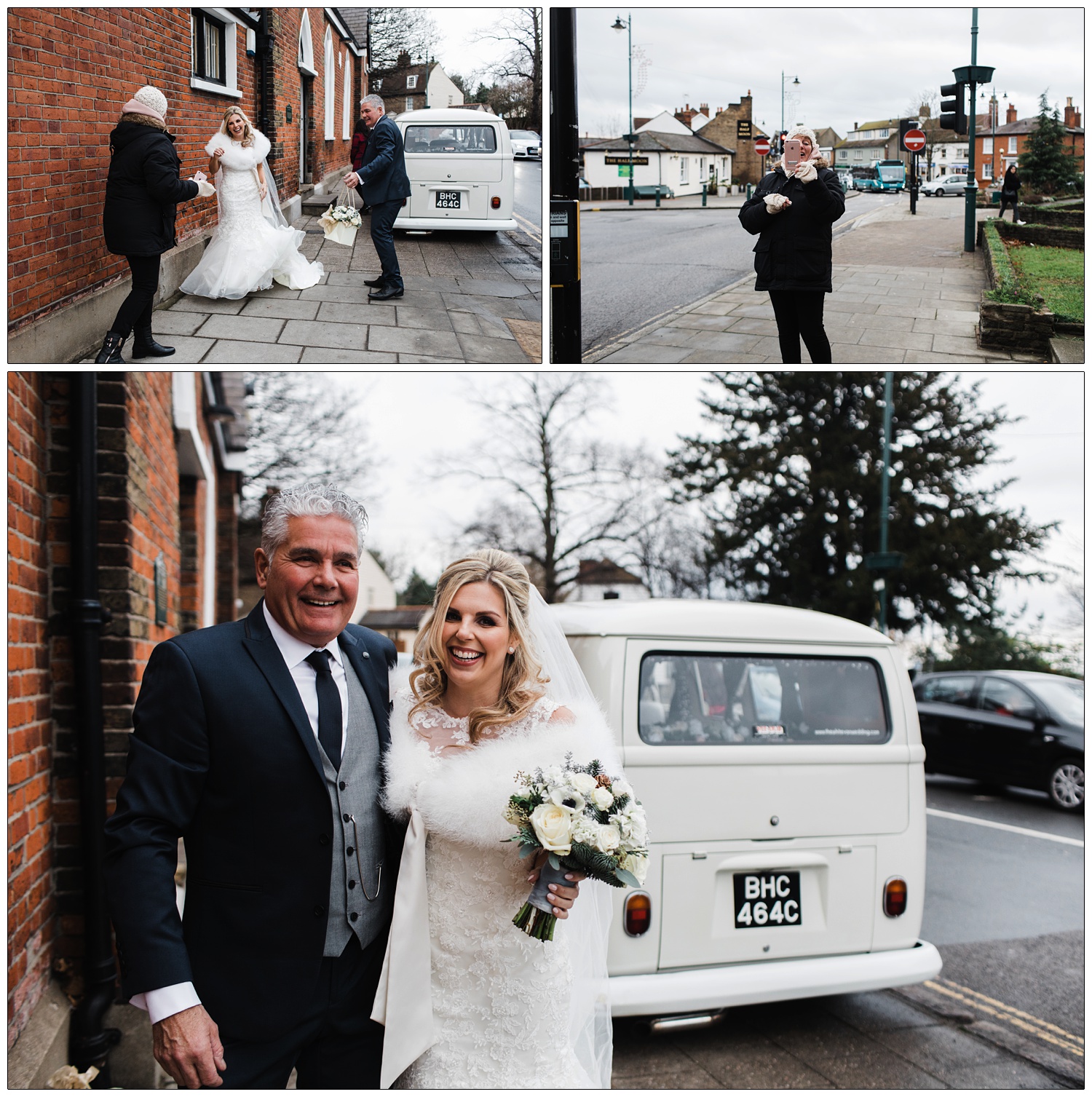 Bride arrives with her father at a wedding venue in Rayleigh and a random passer-by takes a photo with their phone.